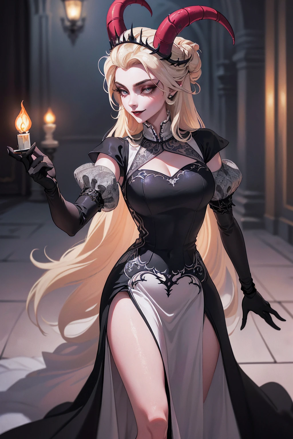 (Lilith:1.2), (grey/gray skin, grey sclera, long blonde hair, white iris, demon horns, makeup), (DefaultOutfit:1.2), (long dress, sleeves, gloves, black dress:1.5), (castle, inside a castle, Victorian theme), (realistic:1.2), (masterpiece:1.2), (upper-body-shot:1),(Cowboy-shot:1.2), neon lighting, dark romantic lighting, (highly detailed:1.2),(detailed face:1.2), (gradients), colorful, detailed eyes, (detailed landscape:1.2), (natural lighting:1.2), (powerful pose:1.2), (solo, one person, 1girl:1.5), lilith, hazbin , black dress, perfect fingers, walking, dancing, smilling