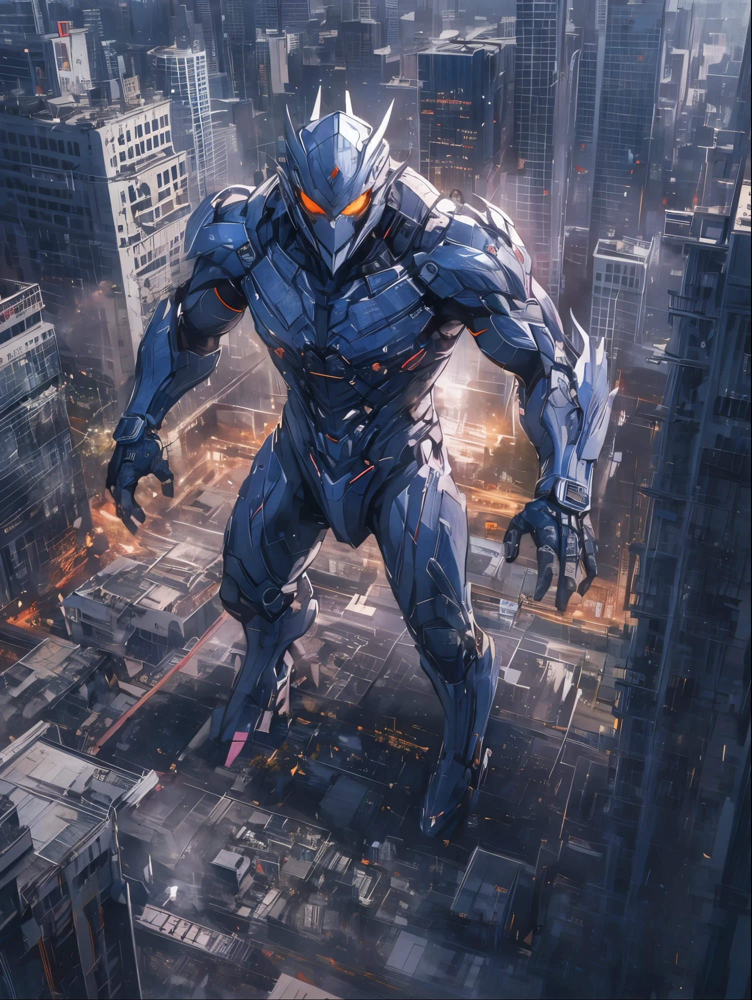 8K resolution, ((highest quality)), ((masterpiece)), ((super detailed)), monster, ウルトラマンのmonster, special effects, cool, urban area, destroyed city, whole body, dynamic, pull composition