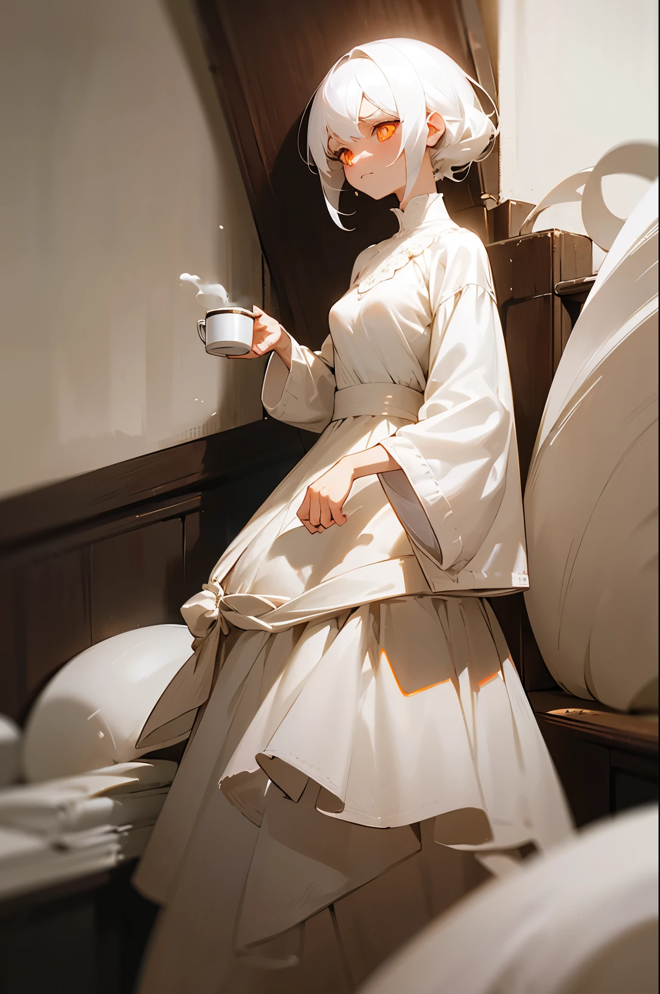 White hair, simple white dress, orange eyes, spiral eyes, glowing eyes, adult in her late 20s, woman, long unkept hair, she holds a steaming small coffee mug in one hand, tired face, bags under the eyes, white bedroom, small breasts, thin thighs, done with life face, frowning