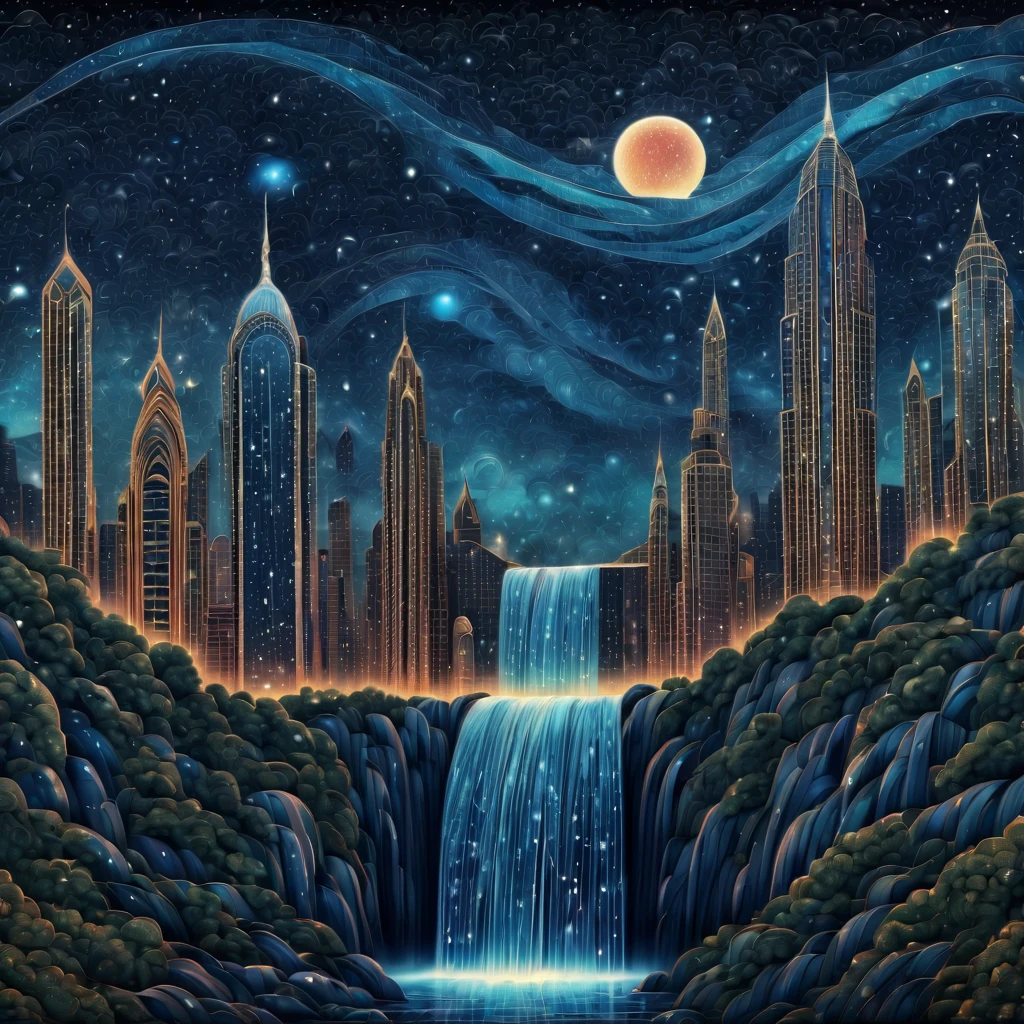 Magical starry sky. zentangle art deco style Waterfall, art deco style science fiction, magical art deco style future skyscrapers in background, full colored, (best quality,4k,8k,highres,masterpiece:1.2),ultra-detailed,(realistic,photorealistic,photo-realistic:1.37), realistic skin texture,