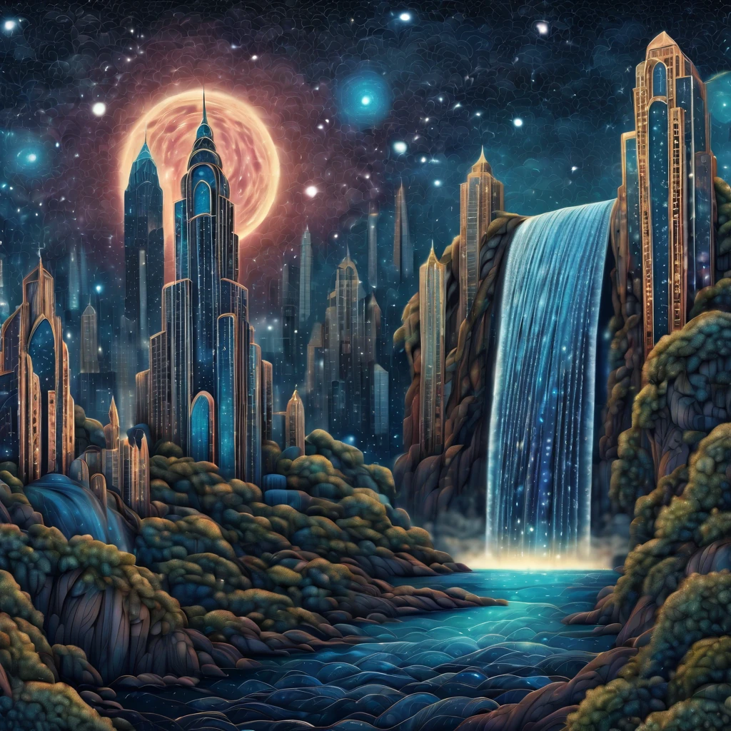 Magical starry sky. zentangle art deco style Waterfall, art deco style science fiction, magical art deco style future skyscrapers in background, full colored, (best quality,4k,8k,highres,masterpiece:1.2),ultra-detailed,(realistic,photorealistic,photo-realistic:1.37), realistic skin texture,