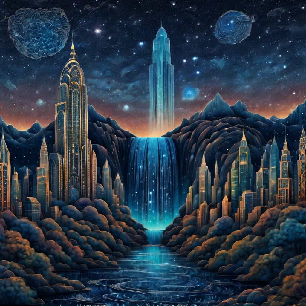 Magical starry sky. zentangle art deco style Waterfall, art deco style science fiction, magical art deco style future skyscrapers in background, full colored, (best quality,4k,8k,highres,masterpiece:1.2),ultra-detailed,(realistic,photorealistic,photo-realistic:1.37), realistic skin texture,