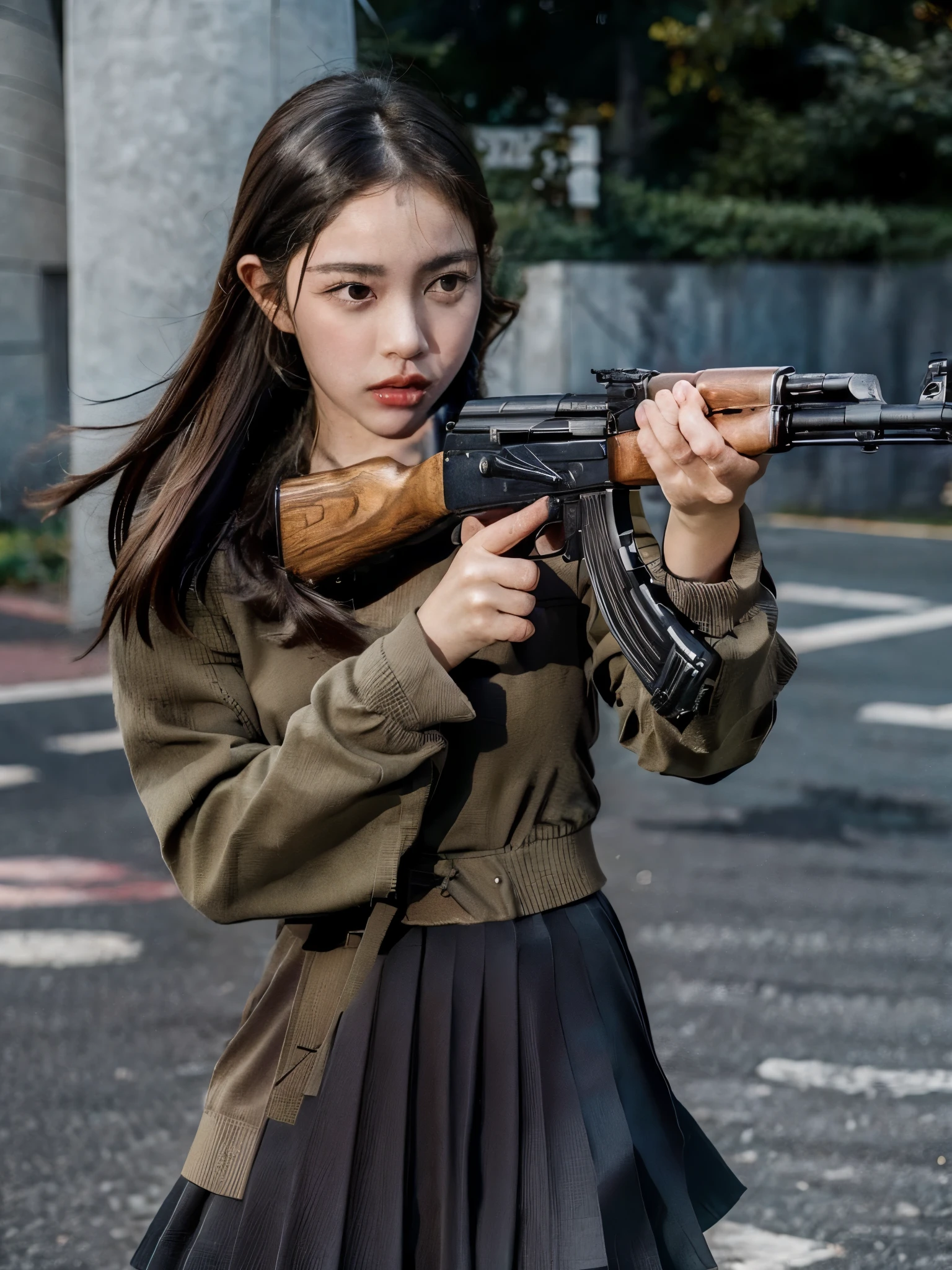 masterpiece, best quality, high resolution, extremely detailed CG,  1girl, school uniform, holding gun, ak-47, akm, assault rifle, kalashnikov rifle, (aiming:1.2), finger on trigger,