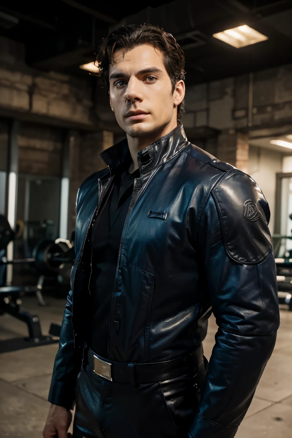 (Henry Cavill is a British actor known for his striking features and strong physique. He has a square jawline complemented by well-defined cheekbones. His eyes are a captivating shade of blue, often expressing depth and intensity. Cavill's dark brown hair is typically styled neatly, adding to his polished appearance. He possesses a tall and athletic build, characterized by broad shoulders and a well-toned physique. Overall, his charismatic and confident demeanor enhances his on-screen presence), (Imagine a robust, Mazinger Z-inspired suit tailored for a sturdy gentleman. The base color is a sleek, deep metallic blue reminiscent of Mazinger's armor, accented with silver trims along the edges. The suit's fabric seamlessly blends high-quality leather with a flexible, reinforced material to emphasize strength and durability. Intricate details on the chestplate mimic Mazinger's iconic design, incorporating subtle LED accents for a futuristic touch. The trousers feature a matte black finish with subtle blue undertones, completing the ensemble with a powerful and modern aesthetic), (((ultra high quality, 8k render))).
