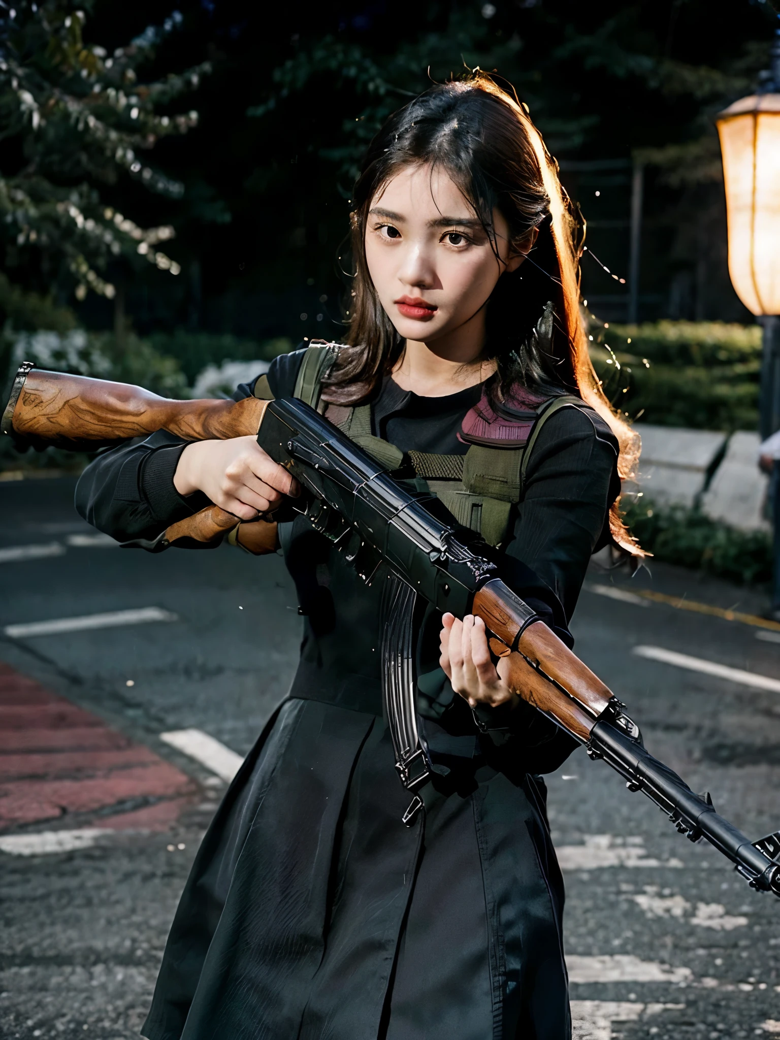 masterpiece, best quality, high resolution, extremely detailed CG,  1girl, school uniform, holding gun, ak-47, akm, assault rifle, kalashnikov rifle, (aiming:1.2), finger on trigger,