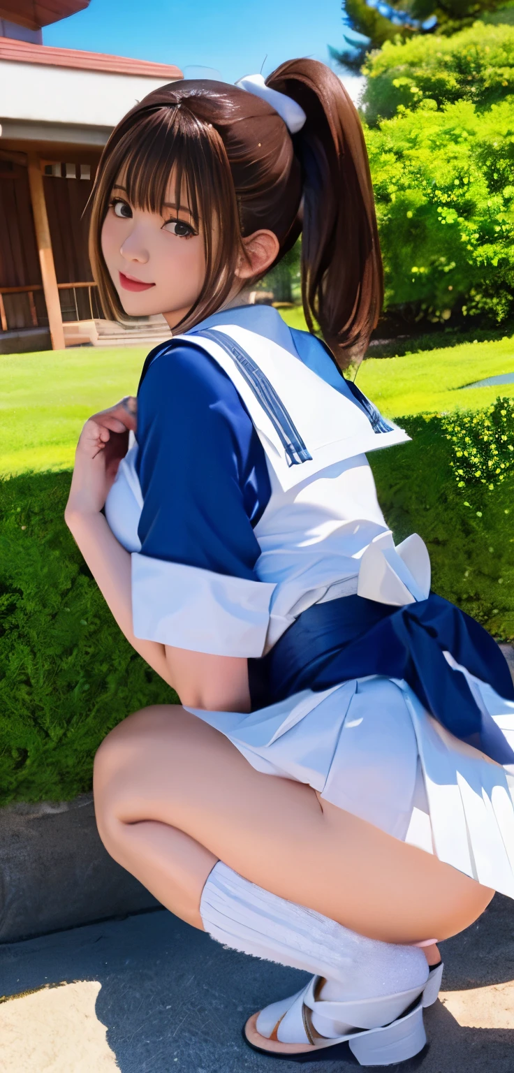 highest quality、8k、realistic、1 girl、23 years old、full body portrait、（curvy body shape、embarrassing、sandy beach）、（Japanese high school girl、squat、spread legs、Front facing）、（Dark brown hair ponytail:1.4、Japanese school sailor suit:1.3、navy pleated skirt、skirt fluttering in the wind:1.2）、、(white and navy theme:1.2), (big breasts), beautiful thighs、beautiful butt