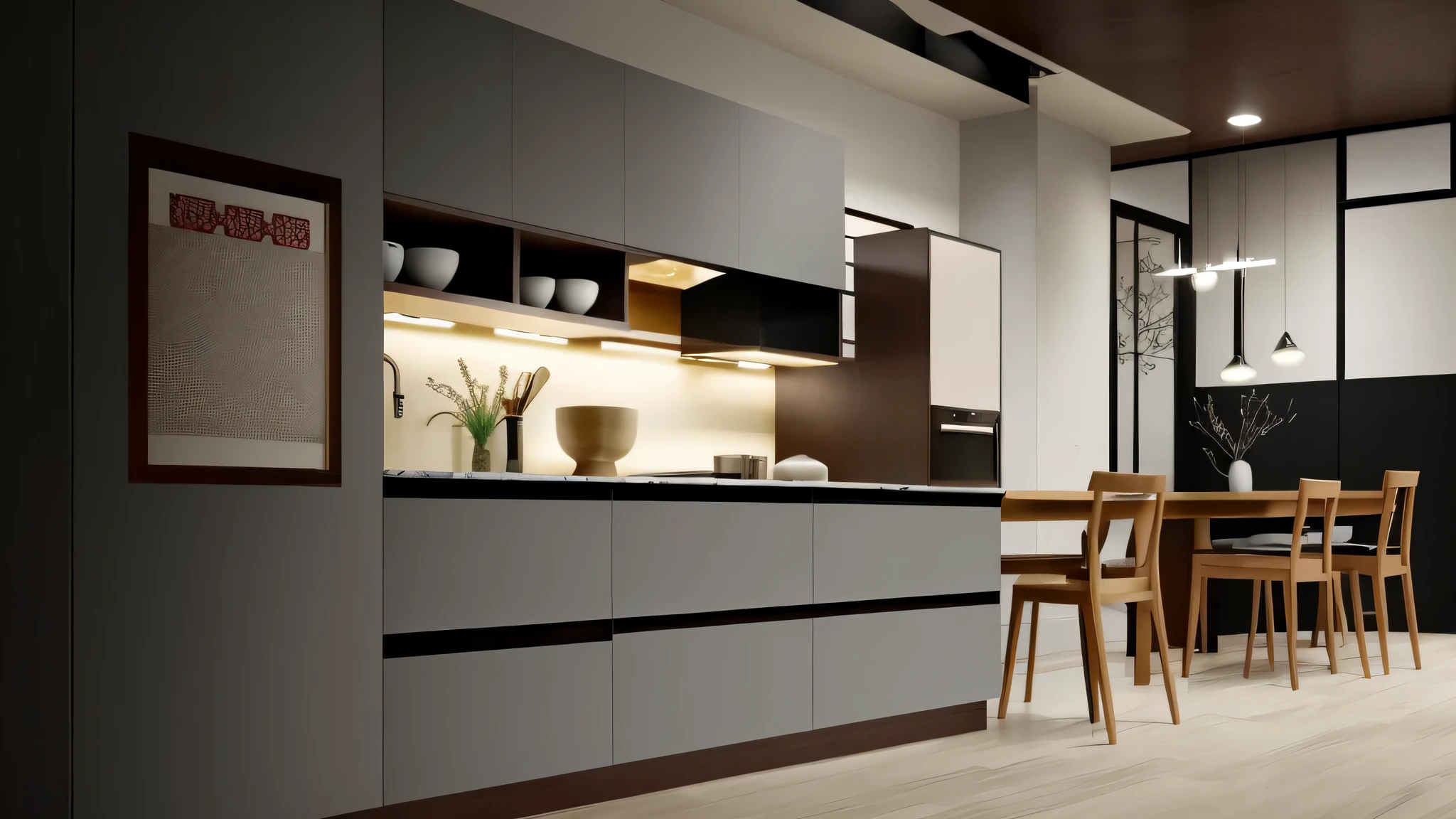 There is a picture of the kitchen，Equipped with tables and chairs, Chiba Yudai, Wang Chen, Inspired by Cheng Jiasui, 8k--height 768, Inspired by Zou Yigui, Jia, Hungry Ghost Festival, Inspired by Liu Haisu