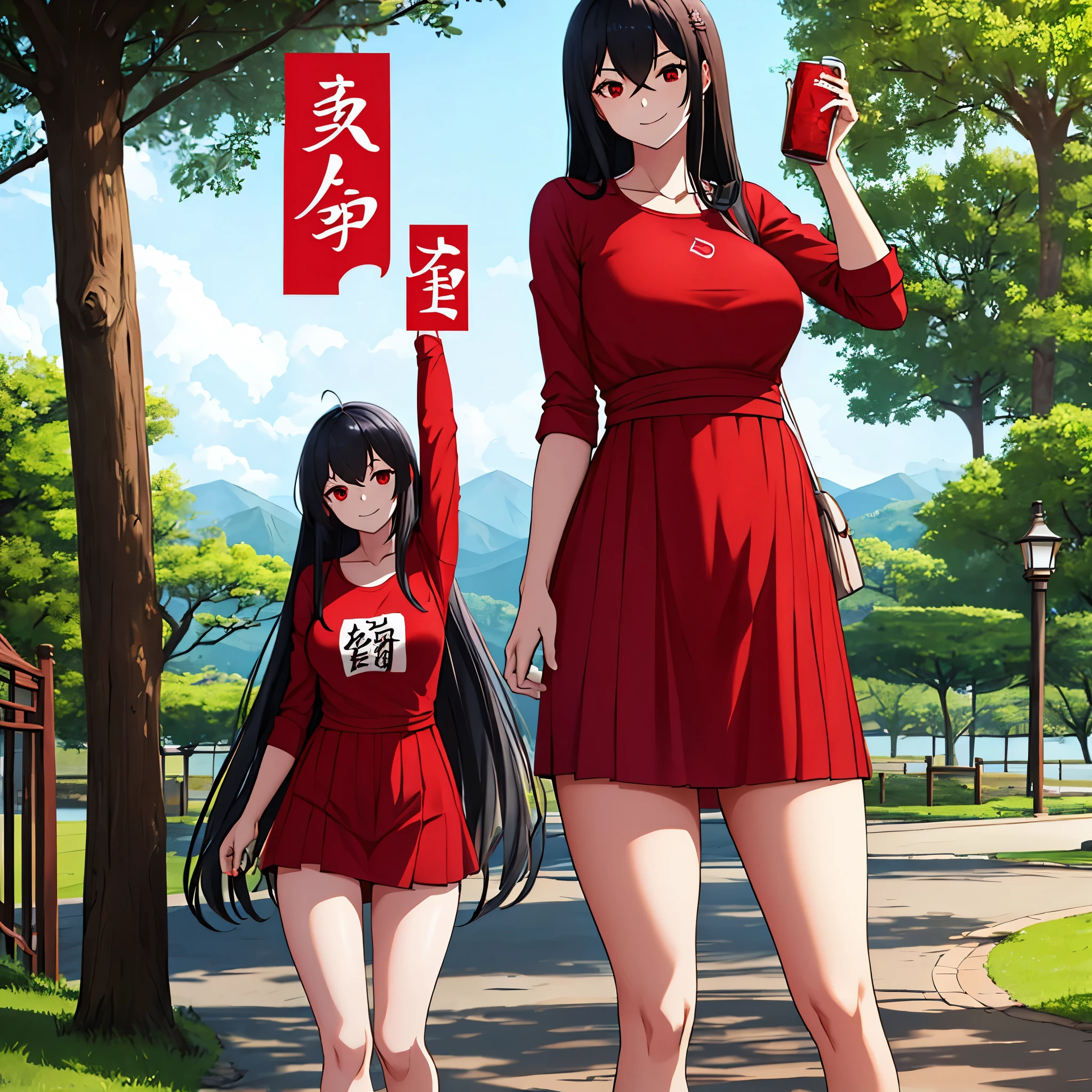 a woman wearing a long red shirt with Japanese lettering on the shirt, long black hair, red eyes, smiling, perfect hands, perfect arms, perfect legs, in a park.
