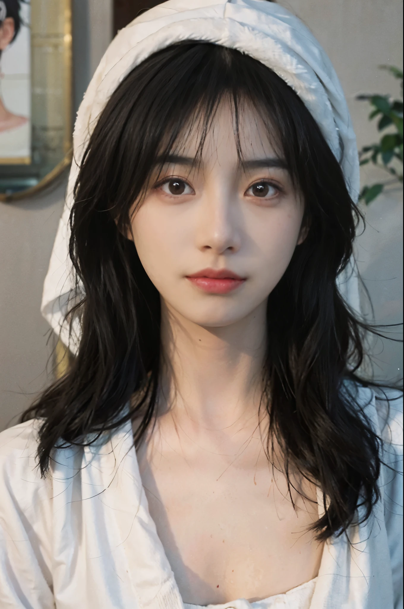 Close-up of long-haired woman wearing white towel, a photoactual painting by Zhang Han, Douban, realism, actual. Cheng Yi, Soft portrait shot 8k, Cute and delicate face, Beautiful and delicate face, beautiful aesthetic face, beautiful actual face, extremely beautiful face, guweiz, Cute and natural anime face, photoactual anime, actual beautiful face