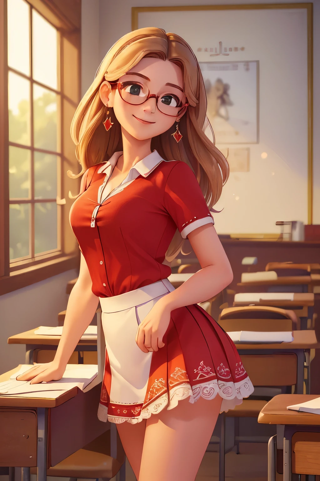 (A :1.3),(Masterpiece, Best quality:1.4), (Beautiful, Aesthetic, Perfect, Delicate, Intricate:1.2),((Best quality)), ((Masterpiece)), (Detailed),(A high resolution:1.2), Classroom, An adult female, Smiling Claudia Chever, Red shirt, White skirt, Glasses, Bend over, angle of view, naked