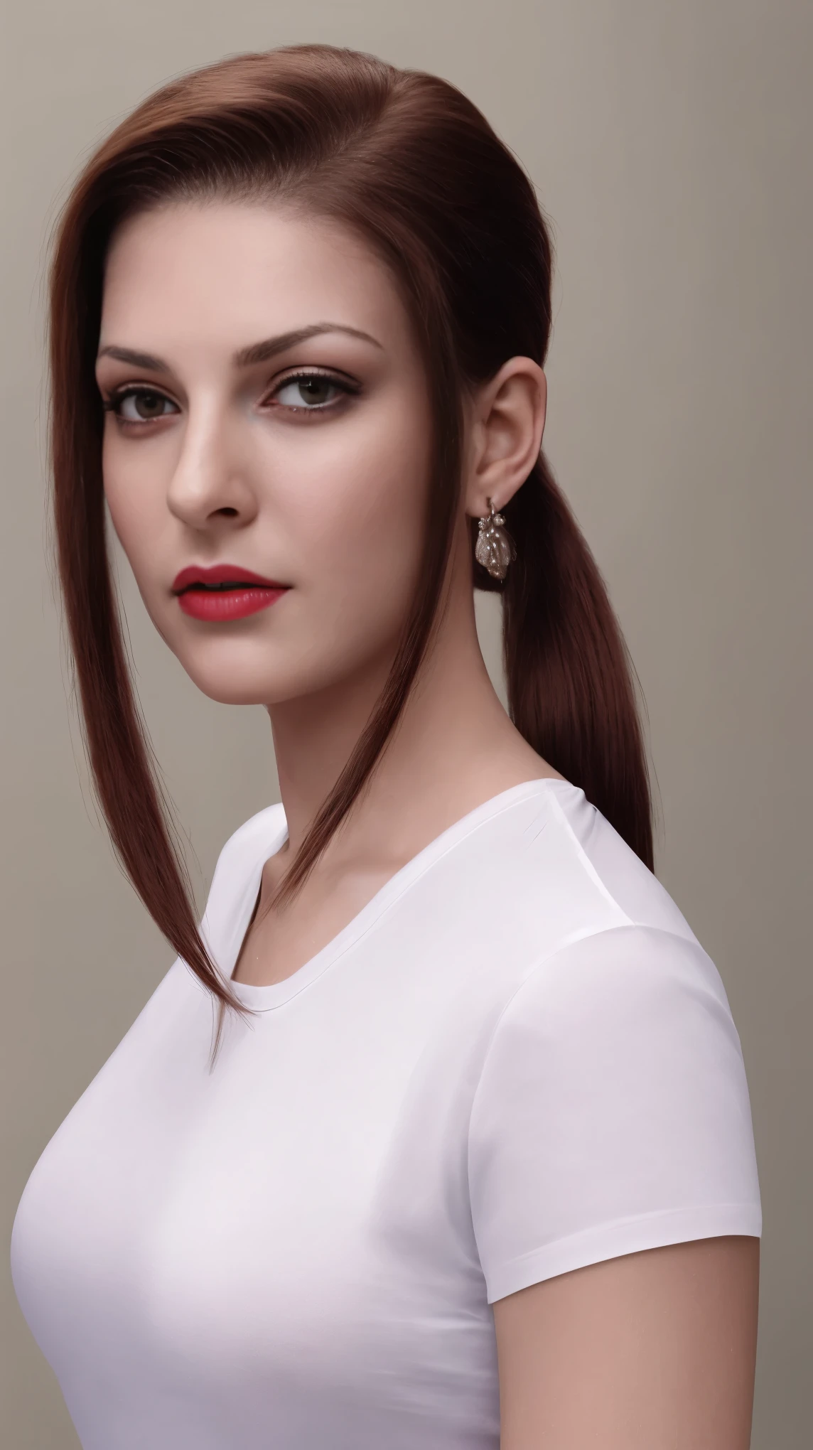 medium body of seductive woman, her looking at viewer, (long_ponytail_hairstyle:1.5), burgundy hair, exaggerated tightly ((combed back slicked-back hair)), very long hair, wet slick looking hair, deep black hair, (((Slicked-Back Hair by Vidal Sassoon, by Sally Hershberger ))), her face replaced with (nalci01)'s face without hair, frequent lashes, regular lashes, (dark brown eyes by Rembrandt), (tight white t-shirt), (jeans), (in a department store:1.1), (masterpiece:1.5) (photorealistic:1.1) (bokeh) (best quality) (detailed skin texture pores hairs:1.1) (intricate) (8k) (HDR) (wallpaper) (cinematic lighting) (sharp focus), eyeliner, (painted lips), (earrings), (vivid atmosphere), RAW candid cinema, 16mm, color graded portra 400 film, remarkable color, ultra realistic, textured skin, remarkable detailed pupils, realistic dull skin noise, big breast, visible skin detail, skin fuzz, oily skin, shot with cinematic camera, ((front view, Straight-on)), detailed skin texture, (blush:0.5), (goosebumps:0.5), subsurface scattering