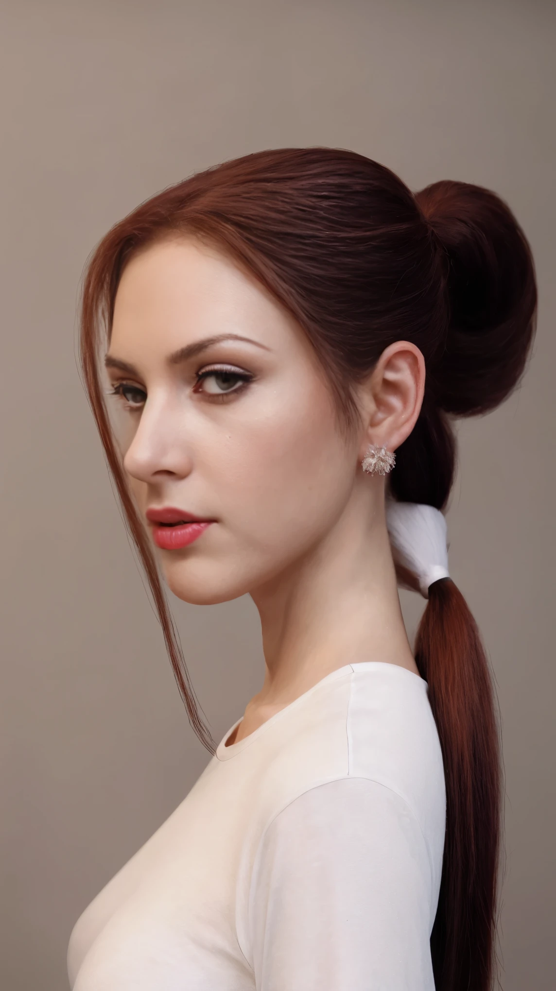 medium body of seductive woman, her looking at viewer, (long_ponytail_hairstyle:1.5), burgundy hair, exaggerated tightly ((combed back slicked-back hair)), very long hair, wet slick looking hair, deep black hair, (((Slicked-Back Hair by Vidal Sassoon, by Sally Hershberger ))), her face replaced with (nalci01)'s face without hair, frequent lashes, regular lashes, (dark brown eyes by Rembrandt), (tight white t-shirt), (jeans), (in a department store:1.1), (masterpiece:1.5) (photorealistic:1.1) (bokeh) (best quality) (detailed skin texture pores hairs:1.1) (intricate) (8k) (HDR) (wallpaper) (cinematic lighting) (sharp focus), eyeliner, (painted lips), (earrings), (vivid atmosphere), RAW candid cinema, 16mm, color graded portra 400 film, remarkable color, ultra realistic, textured skin, remarkable detailed pupils, realistic dull skin noise, big breast, visible skin detail, skin fuzz, oily skin, shot with cinematic camera, ((front view, Straight-on)), detailed skin texture, (blush:0.5), (goosebumps:0.5), subsurface scattering