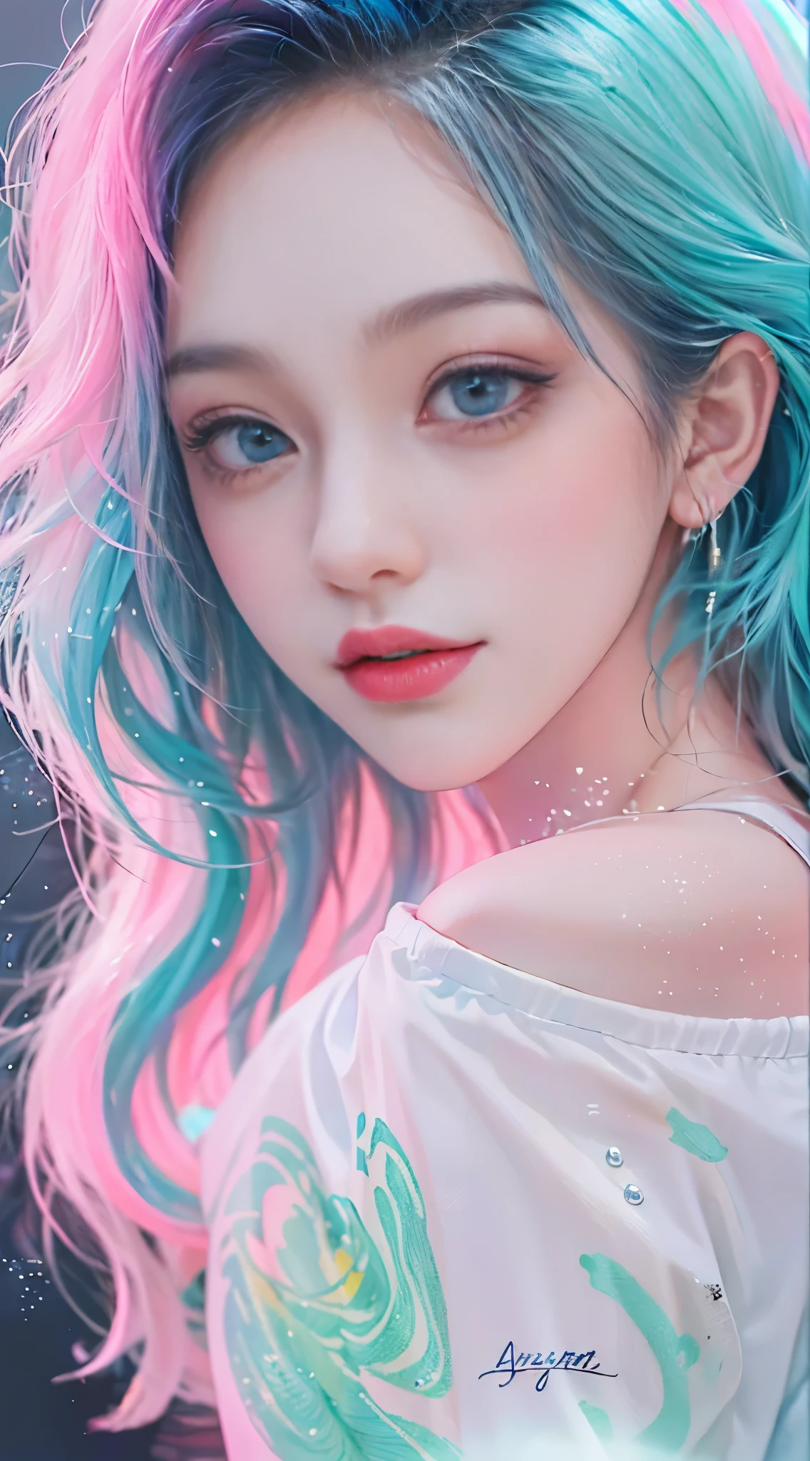 （masterpiece、best quality、high resolution），（Colorful background，（splash of color）），sweet girl，light blue long hair，[light blue|pink big breasts]hair，curls，sparkling，pink lips，(splash of color，(white shirt)，street frontage，Full body female love:0.6,Volumetric lighting，
