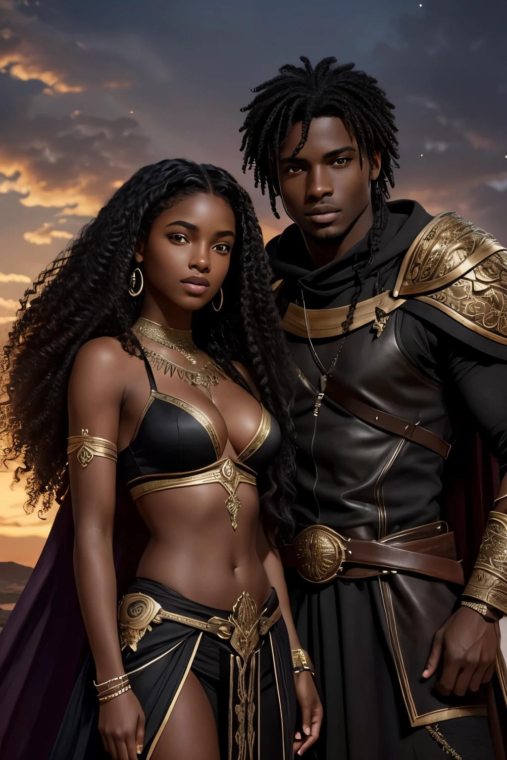 Je veux que tu me fasses une couverture pour un roman Fantasy romance, ces deux personnages sont noirs de peau, dark skin, ils sont des ennemis, ils veulent s'entretuer, surtout lui, elle, she mainly defends herself but her goal is to save him at all costs too. Le garçon est dark skin, with curly mid-length hair, the girl has long curly hair. They are very beautiful.
