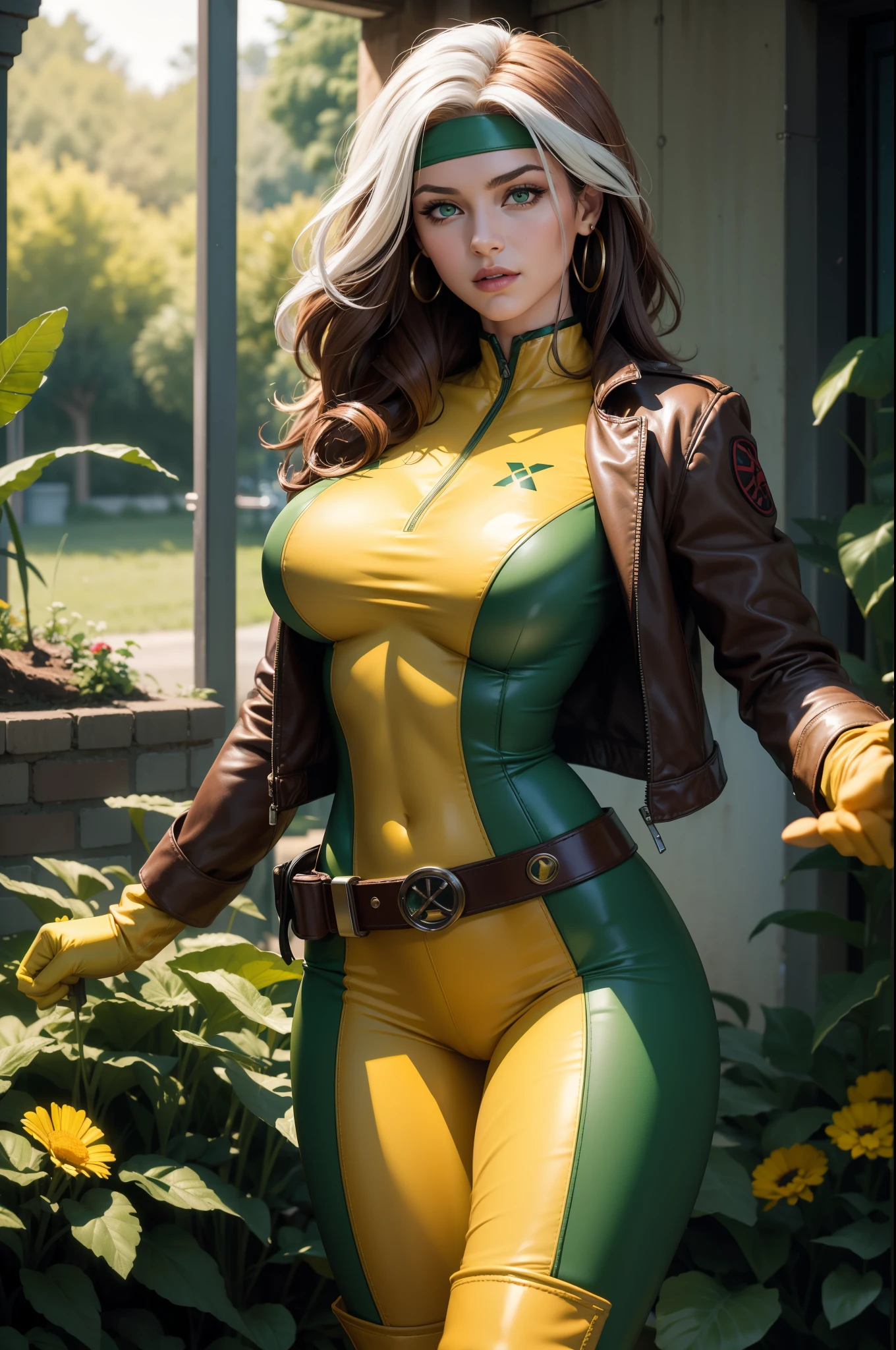 (masterpiece:1.0), (best_quality:1.2), Classic Rogue, 1991 Rogue X-Men, ((1 girl)), full body view, (candid), angry pose, medium length hair, auburn hair, one lock of white hair, messy hair, green eyes, mischievous look, smirk, parted lips, fit figure, medium breasts, heavy makeup, gold earrings, backlit, (realism: 1.5), (Realistic: 1.4), (Absurdity:1.4), 8k, ultra-detailed, (clothing: green and yellow bodysuit, jacket, gloves, high boots, belt, green headband), (background: field of wildflowers), official art, extremely detailed CG unity 8k wallpaper, perfect lighting, Colorful, ultra high res, photography, 8K, HDR, Kodak portra 400, film grain, blurry background, (bokeh:1.2), (vibrant_color:1.2), film grain:1.2, (warm hue, warm tone:1.2), (color photo), professional photograph