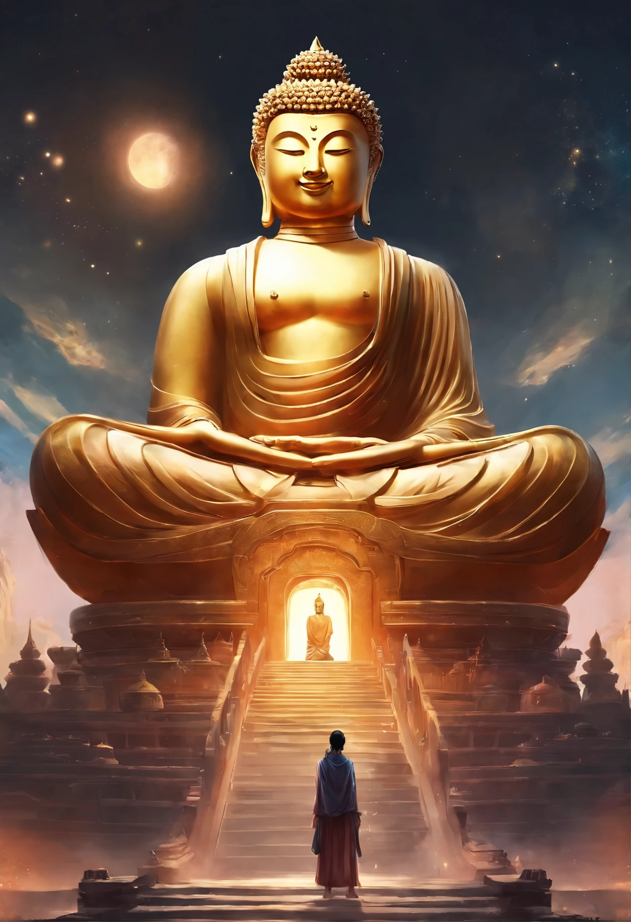 giant buddha statue,There are steps to get there, pious person々。Temple。actual impact,Rich details,khd,Realistic