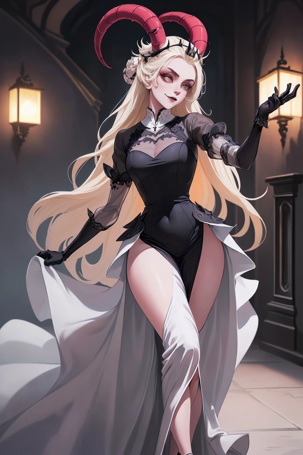 (Lilith:1.2), (grey/gray skin, grey sclera, long blonde hair, white iris, demon horns, makeup), (DefaultOutfit:1.2), (long dress, sleeves, gloves, black dress:1.5), (castle, inside a castle, Victorian theme), (realistic:1.2), (masterpiece:1.2), (upper-body-shot:1),(Cowboy-shot:1.2), neon lighting, dark romantic lighting, (highly detailed:1.2),(detailed face:1.2), (gradients), colorful, detailed eyes, (detailed landscape:1.2), (natural lighting:1.2), (powerful pose:1.2), (solo, one person, 1girl:1.5), lilith, hazbin , black dress, perfect fingers, walking, dancing, smilling