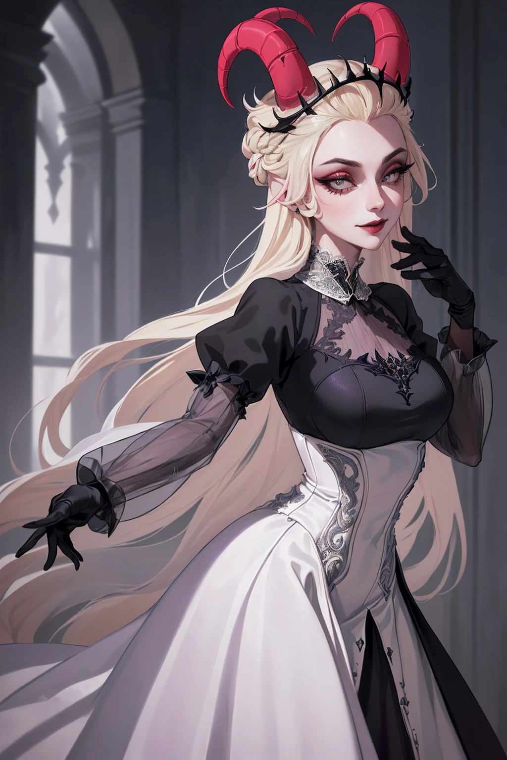 (Lilith:1.2), (grey/gray skin, grey sclera, long blonde hair, white iris, demon horns, makeup), (DefaultOutfit:1.2), (long dress, sleeves, gloves, black dress:1.5), (castle, inside a castle, Victorian theme), (realistic:1.2), (masterpiece:1.2), (upper-body-shot:1),(Cowboy-shot:1.2), neon lighting, dark romantic lighting, (highly detailed:1.2),(detailed face:1.2), (gradients), colorful, detailed eyes, (detailed landscape:1.2), (natural lighting:1.2), (powerful pose:1.2), (solo, one person, 1girl:1.5), lilith, hazbin , black dress, perfect fingers, walking, dancing, smilling