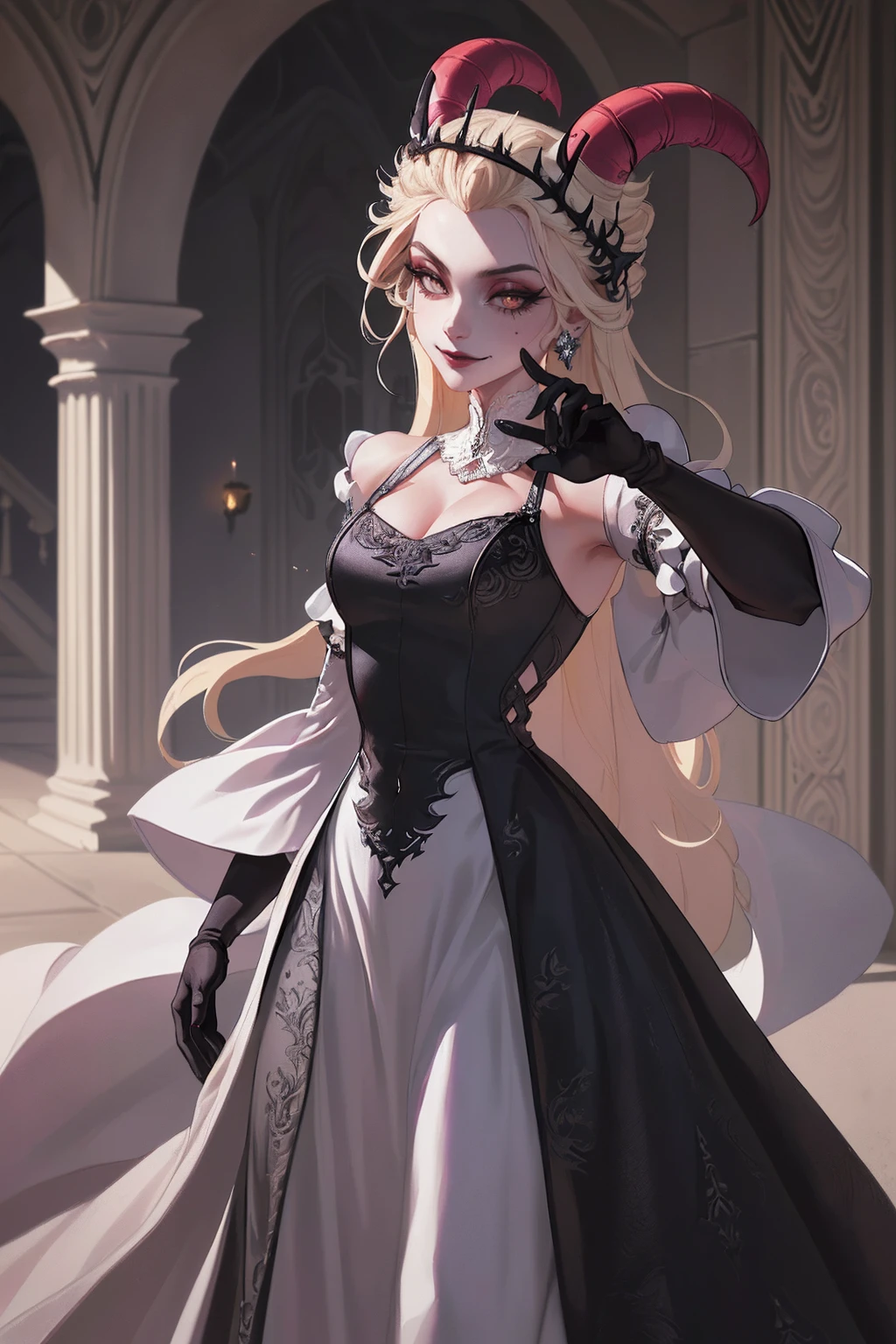 (Lilith:1.2), (grey/gray skin, grey sclera, long blonde hair, white iris, demon horns, makeup), (DefaultOutfit:1.2), (long dress, sleeves, gloves, black dress:1.5), (castle, inside a castle, Victorian theme), (realistic:1.2), (masterpiece:1.2), (upper-body-shot:1),(Cowboy-shot:1.2), neon lighting, dark romantic lighting, (highly detailed:1.2),(detailed face:1.2), (gradients), colorful, detailed eyes, (detailed landscape:1.2), (natural lighting:1.2), (powerful pose:1.2), (solo, one person, 1girl:1.5), lilith, hazbin , black dress, perfect fingers, walking, dancing, smilling