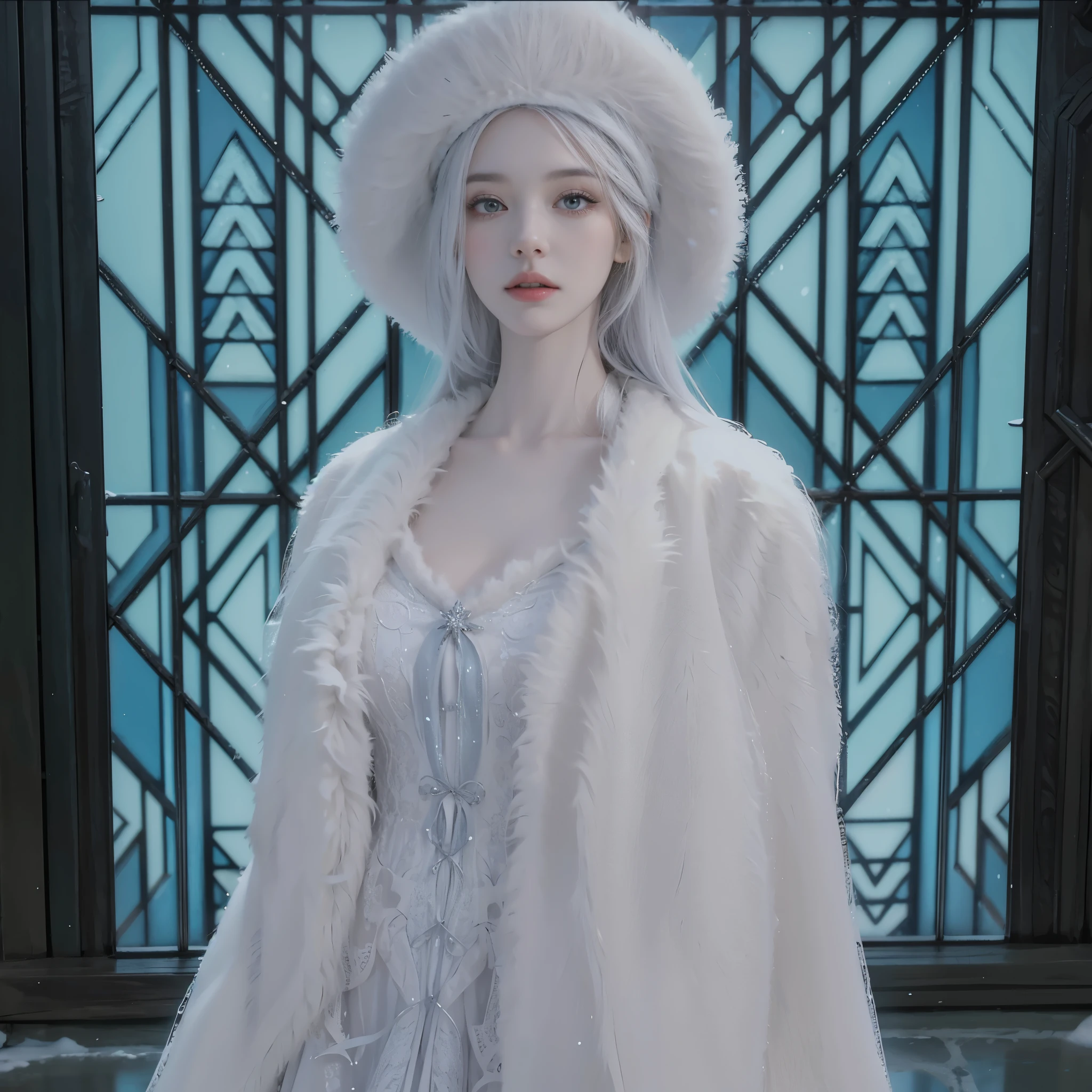il y a une femme vêtue d'une robe blanche et d'un chapeau blanc, déesse de l'hiver, Reine de l'hiver, inspired by Sim Sa-jeong, pale snow white skin, Heavy winter aesthetics, princesse d'hiver, dressed like a cleric, froid comme la glace! 🧊, avec de longs cheveux blancs, reine des glaces, Long white hair detailed, Beautiful ancient frost witch