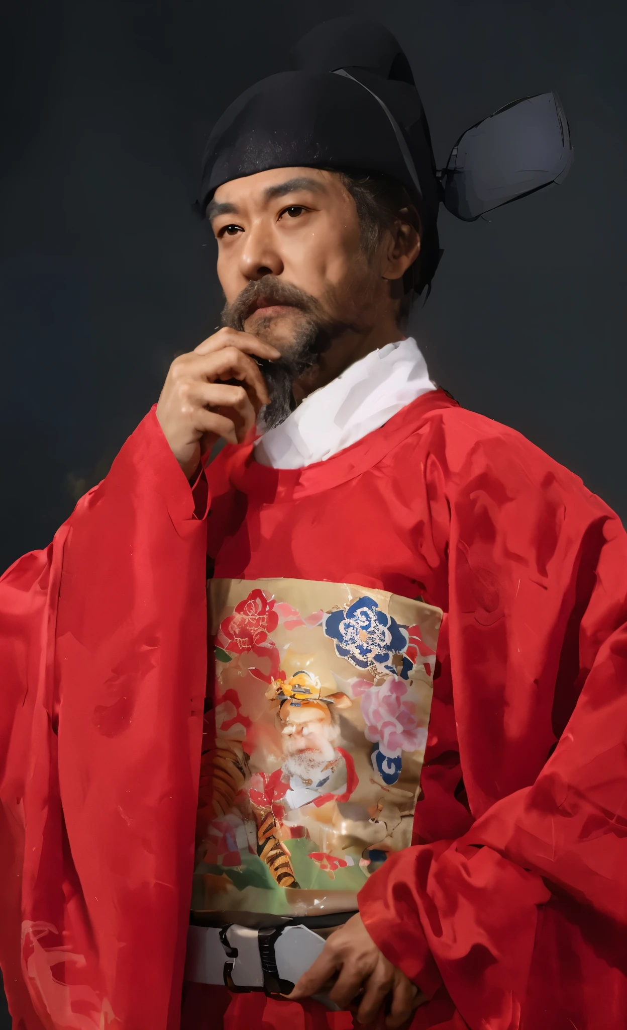 best quality，masterpiece，（：1.5），An ancient person from the Ming Dynasty of China，middle aged man，frown。anger，Confuse，doubt，Goat's beard，have a beard，minister，official，man in red palace costume，unruly，fiercely的眼神，Stare hard to death，盯着middle aged man，Asian，sharp eyes and，Husband wears blue clothes，wearing a hat， Inspired by Shin Saimdang, traditional clothing, traditional clothing, Hanbok, noble clothing, korean Hanbok, aristocratic appearance, Korean male, Wear period-appropriate clothing, classical robe, precise, Wearing noble robes, Wearing ancient Chinese clothing，Dark brown wide-sleeved Hanfu，firm eyes，fiercely，handsome man，young people，（a detailed ：0.353），（Renaissance classical style：0.8）