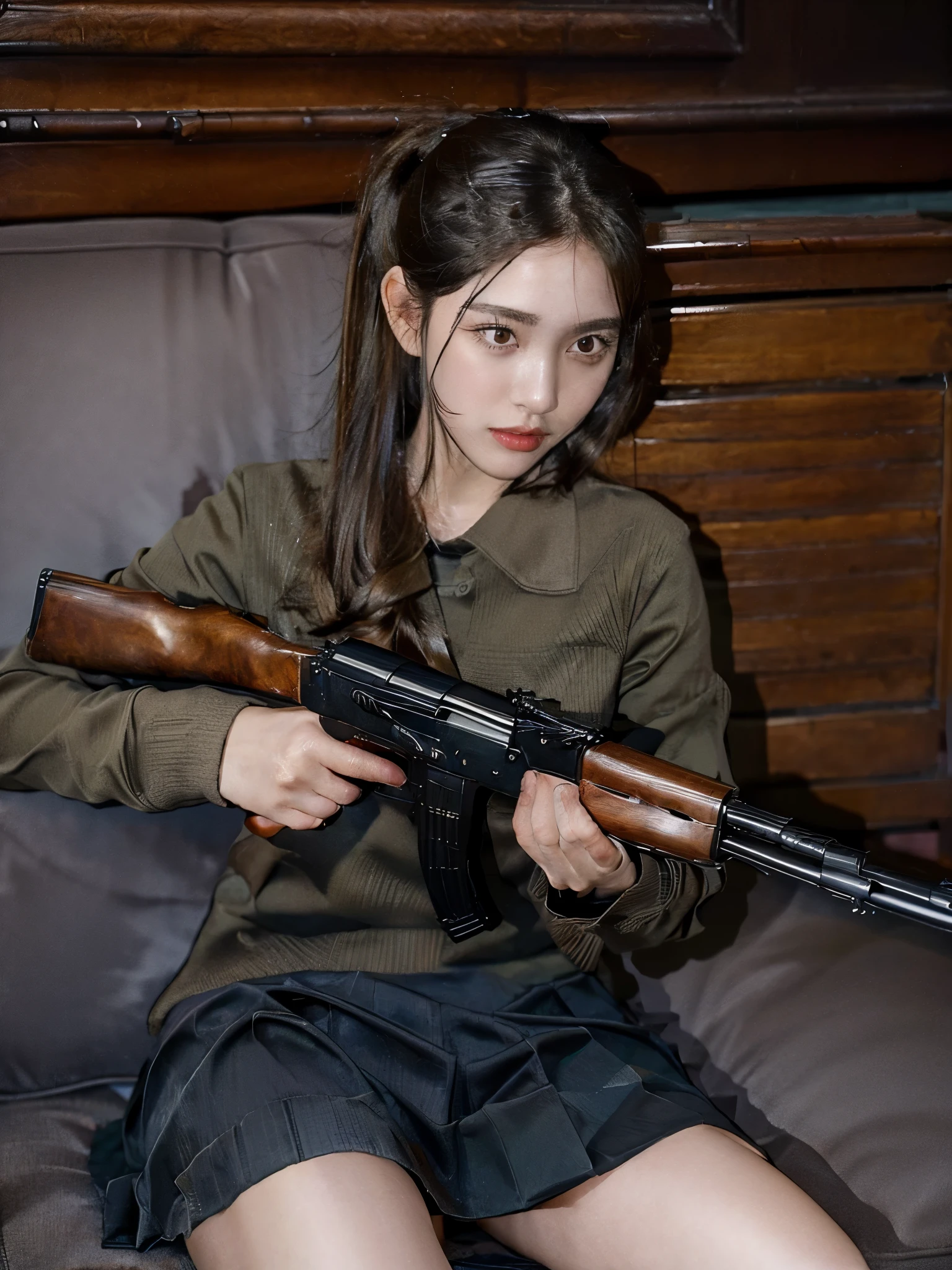 masterpiece, best quality, high resolution, extremely detailed CG, 1girl, school uniform, holding gun, ak-47, akm, assault rifle, kalashnikov rifle, (aiming:1.2), finger on trigger,