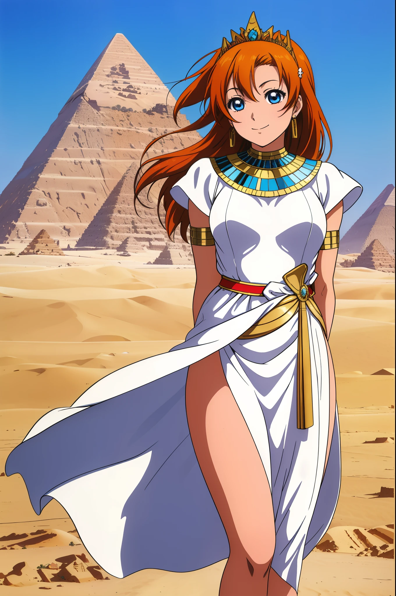 Masterpiece,kousaka honoka, blue eyes, orange hair,beautiful , looking away,arrogant,(arms behind back),thighs,(white exposing Egyptian dress), tiara,in Egyptian desert,1980s \(style\), (slightly smile:0.7)