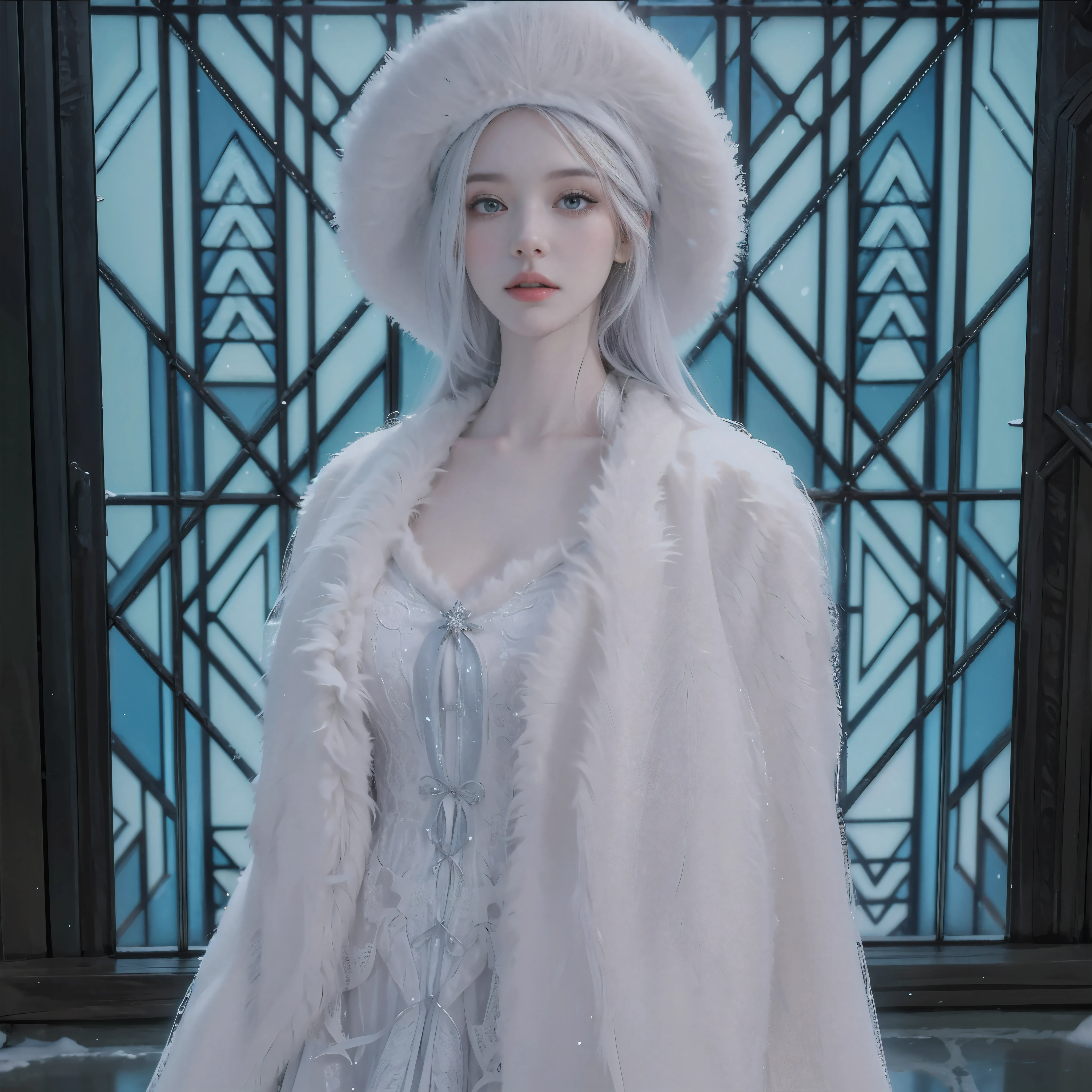 Il y a une femme vêtue d'une robe blanche et d'un chapeau blanc, déesse de l'hiver, Reine de l'hiver, inspired by Sim Sa-jeong, pale snow white skin, Heavy winter aesthetics, princesse d'hiver, dressed like a cleric, froid comme la glace! 🧊, avec de longs cheveux blancs, Reine des glaces, Long detailed white hair, Beautiful ancient frost witch