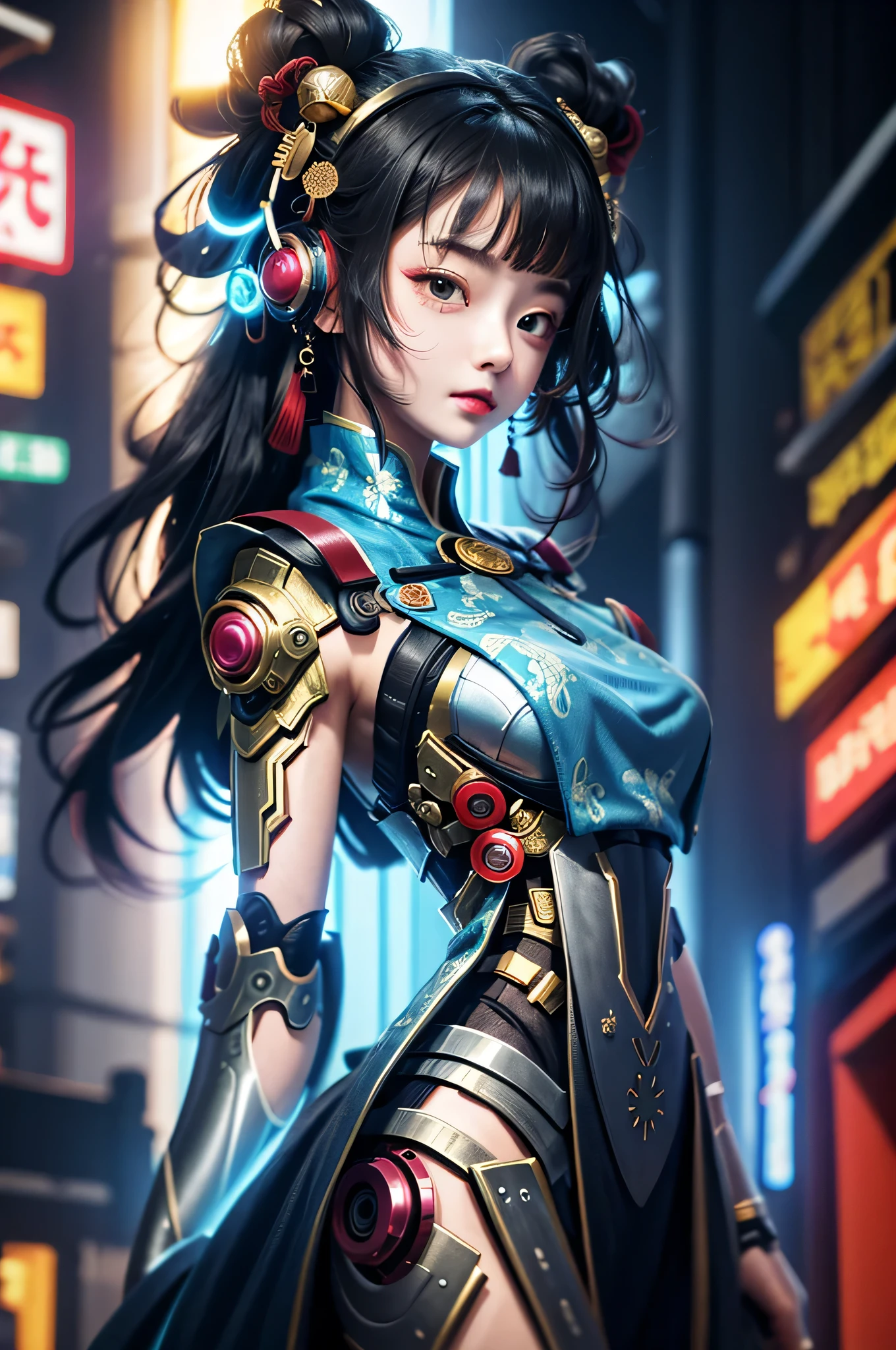 a girl, whole body, clear facial features, amazing facial features, beautiful eyes, Ancient Chinese costumes, Chinese cyberpunk, Cyberpunk City Headgear, hair accessories, Super complex design, Mechanical armor, science and technology, stunning lighting, c4d, OC rendering, Edge light, fine light, masterpiece, Super detailed, epic work, ultra high definition, high quality, 32k