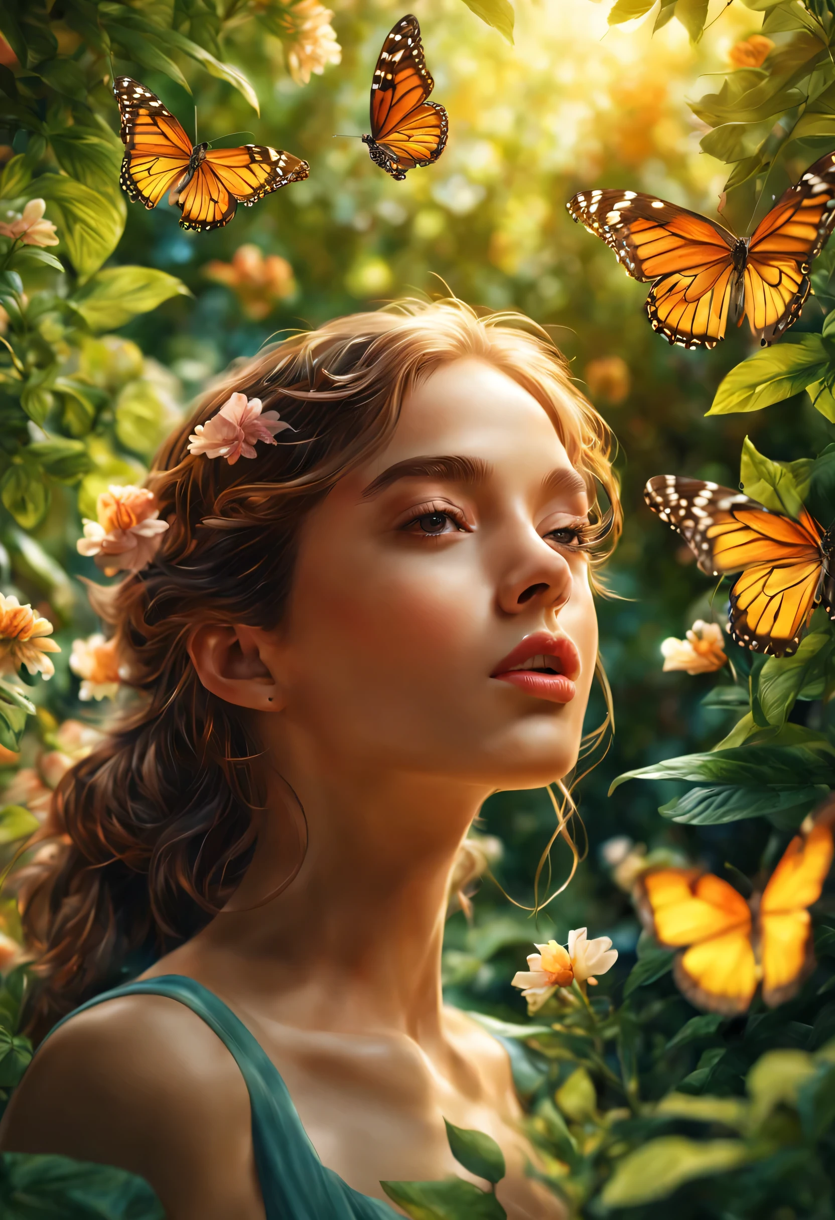 A girl in a vibrant garden, (best quality, 8k, highres, masterpiece:1.2), ultra-detailed, (realistic, photorealistic, photo-realistic:1.37), 2 tone style, vibrant colors, sharp crisp image, blooming flowers, lush green foliage, golden sunlight filtering through the leaves, a playful butterfly dancing around, fluttering petals in the air