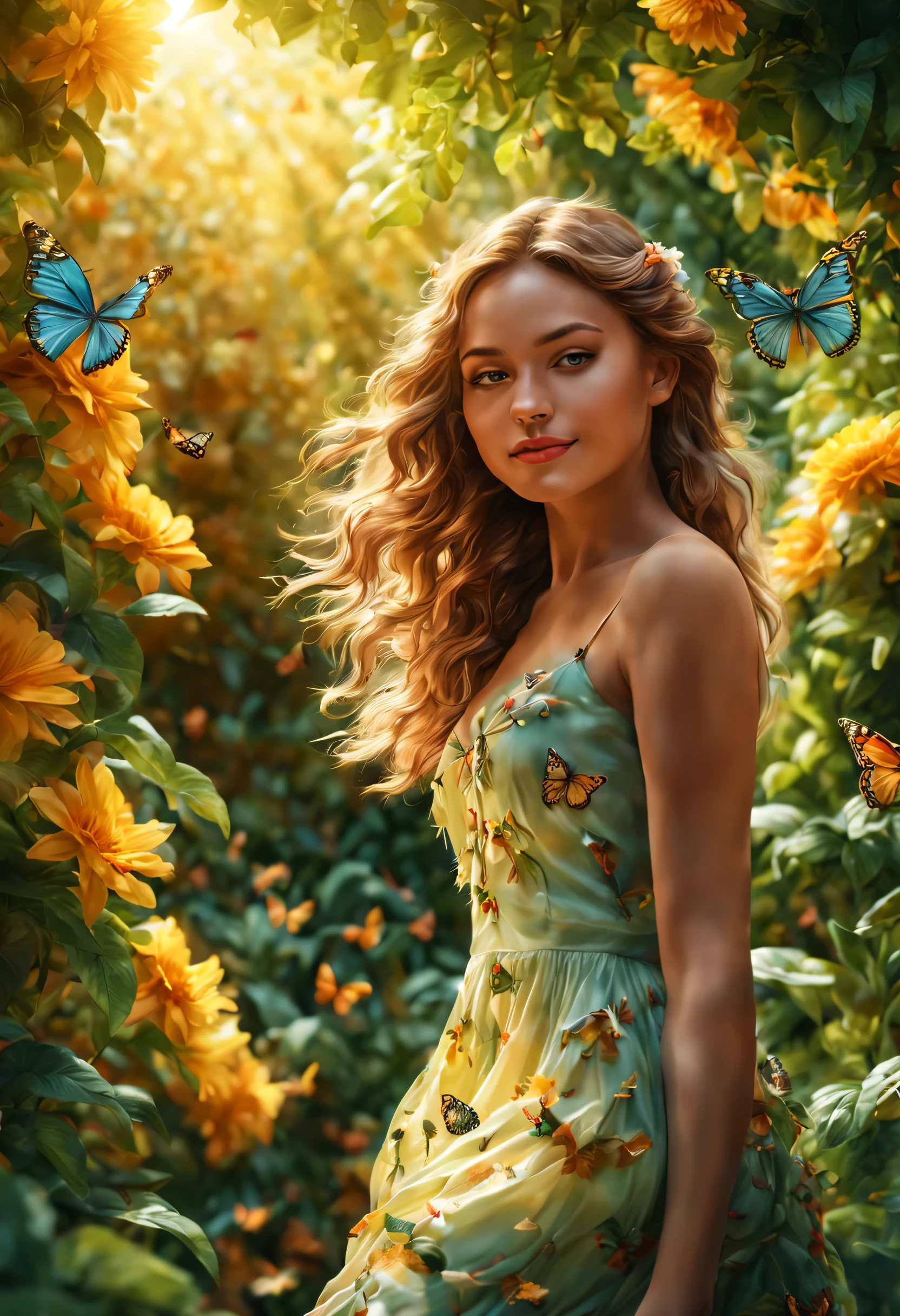 A girl in a vibrant garden, (best quality, 8k, highres, masterpiece:1.2), ultra-detailed, (realistic, photorealistic, photo-realistic:1.37), 2 tone style, vibrant colors, sharp crisp image, blooming flowers, lush green foliage, golden sunlight filtering through the leaves, a playful butterfly dancing around, fluttering petals in the air