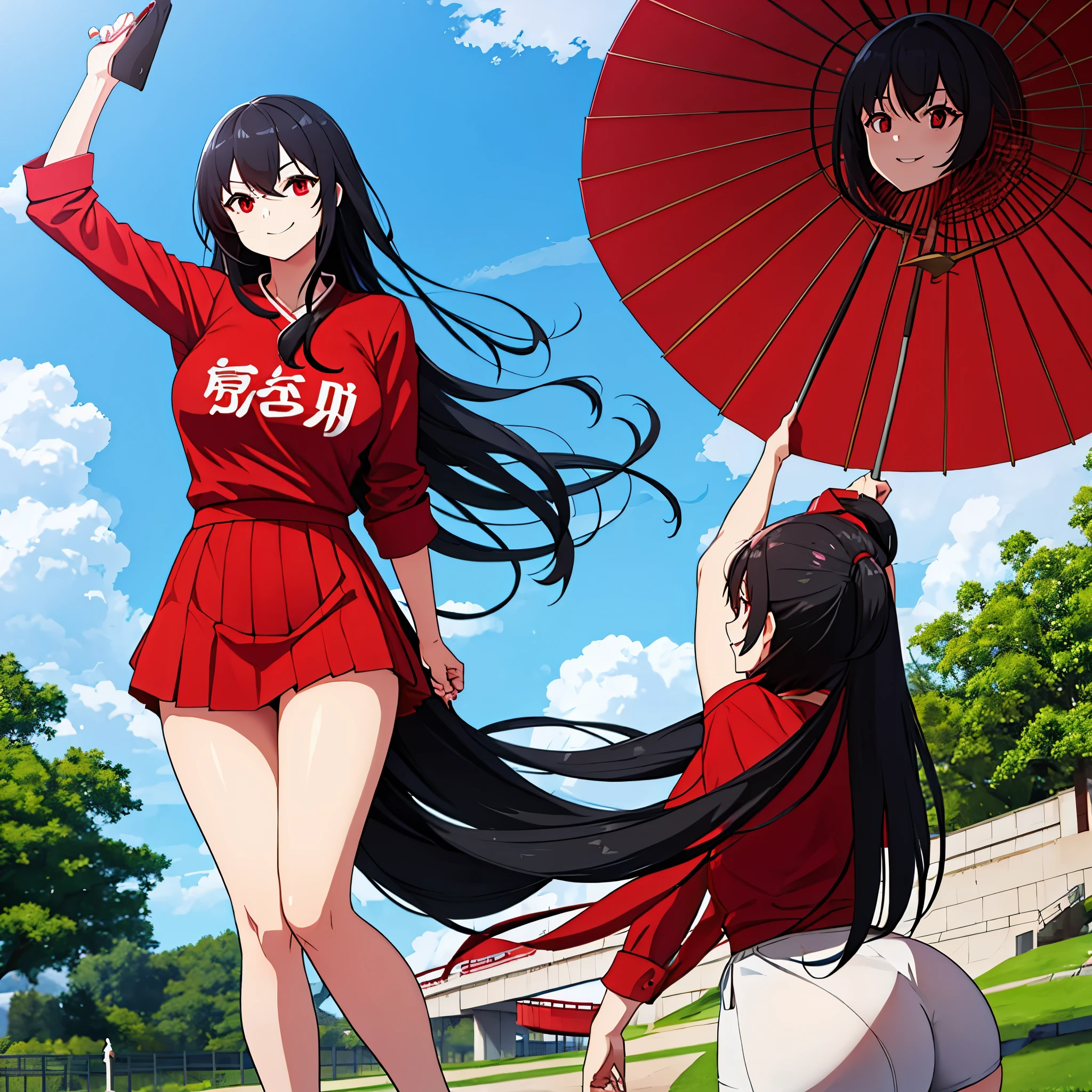 a woman wearing a long red shirt with Japanese lettering on the shirt, long black hair, red eyes, smiling, perfect hands, perfect arms, perfect legs, in a park.
