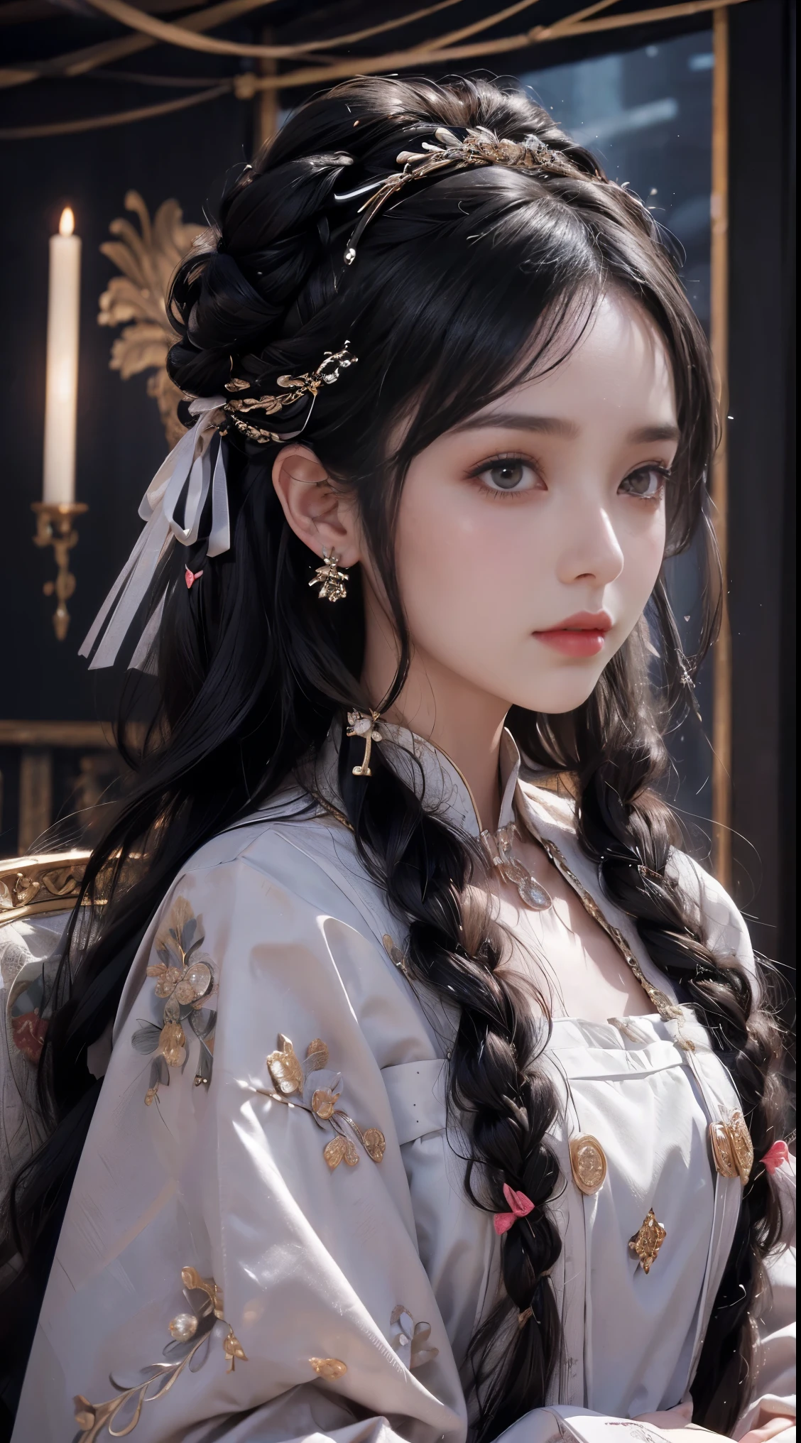 best quality, (lifelike:1.2), 1 girl, alone, Detailed face, Face focus, Permanently installed, black hair,(hair accessories:1.35),female office worker, bow sleeves, Detached sleeves, Ribbon decoration, wide sleeves, (looking at the audience:1.5) long hair, black eyes, Bangs, lips,