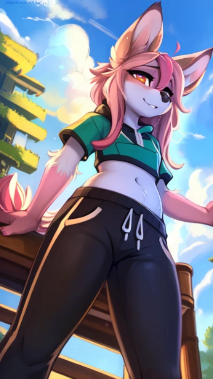 por Kenket, Rosa Tran, ruan jia, zaush, zorroovh, por zackary911, por Hyattlen, en teranos, por fumiko, por Pixelsketcher, por Bayard Wu, by Thomas Benjamin Kennington, por Einshelm, por kilinah, por Coffeesoda, por Hioshiru, por pelusa-kevlar, por r-mk, por Dimwitdog, peludo, Nazuna_hiwatashi, antro, femenino, Solo, de pie, mirada burlona, (ojos medio cerrados), cabello rosado, Cola rosa, (bien deportivo negro, pantalones cortos deportivos sexys), (ojos rojoirando al espectador), (pechos medianos, caderas), (zorro), Sunny day, (public park), (cuerpo rosa, piel de dos tonos), (rubor, sudando), (pelo de cola de caballo), (encorvado), (mirando abajo), (low angle camera)