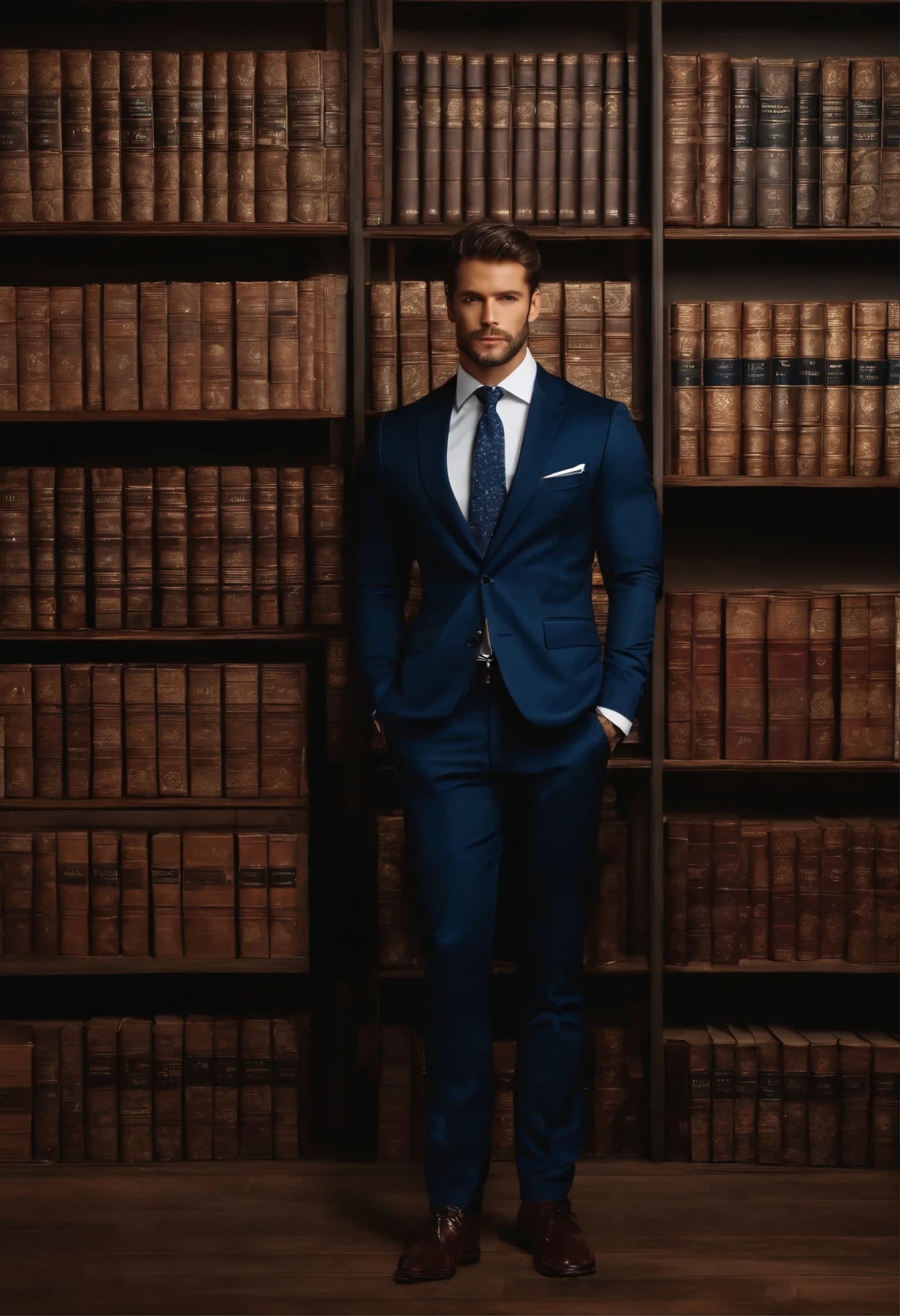 Businessman standing in front of a bunch of books, attractive male, clean face, beautiful symmetrical face, attractive male, male model, Human/Tank hybrid, Precise symmetrical human characteristics, The man stands out in the photo, Multiple faces, Face hybrid realistic body and body, Perfect human male specimen, Handsome man, There is no distortion on the surface of the subject, Handsome men,Navy blue suit,Blue tie with paisley pattern,japanese male,