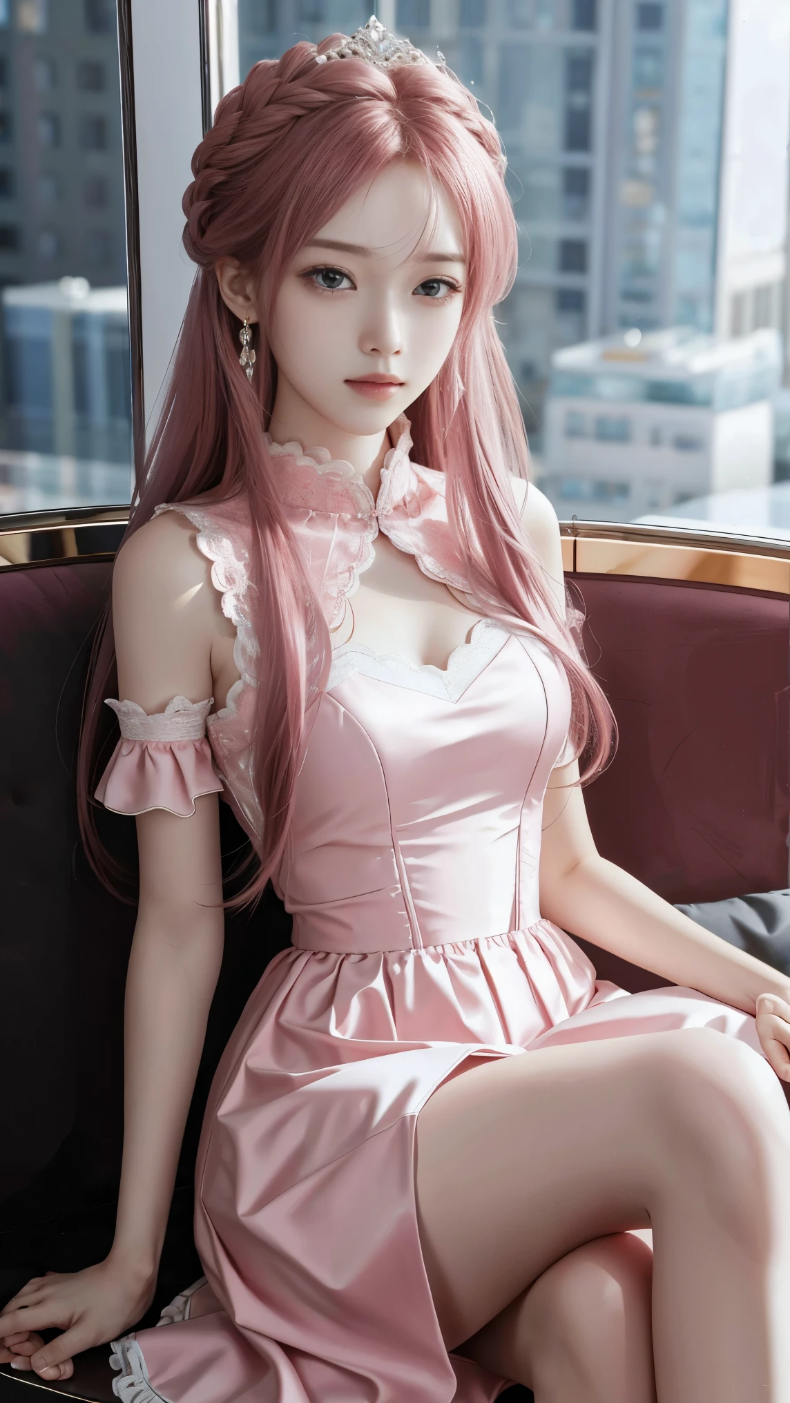 short_hair,blunt_bangs,white_hair/pink_eyes,two-tone hair,gradient hair,a girl in a white dress sitting on a chair in front of a cityscape at night with her legs crossed, by Masaaki Sasamoto,{best quality}, {{masterpiece}}, {highres}, original, extremely detailed 8K wallpaper, 1girl, {an extremely delicate and beautiful},red-eyeshadow,lipstick，closed mouth,pink_hair，looking afar,bob cut，detached sleeves,