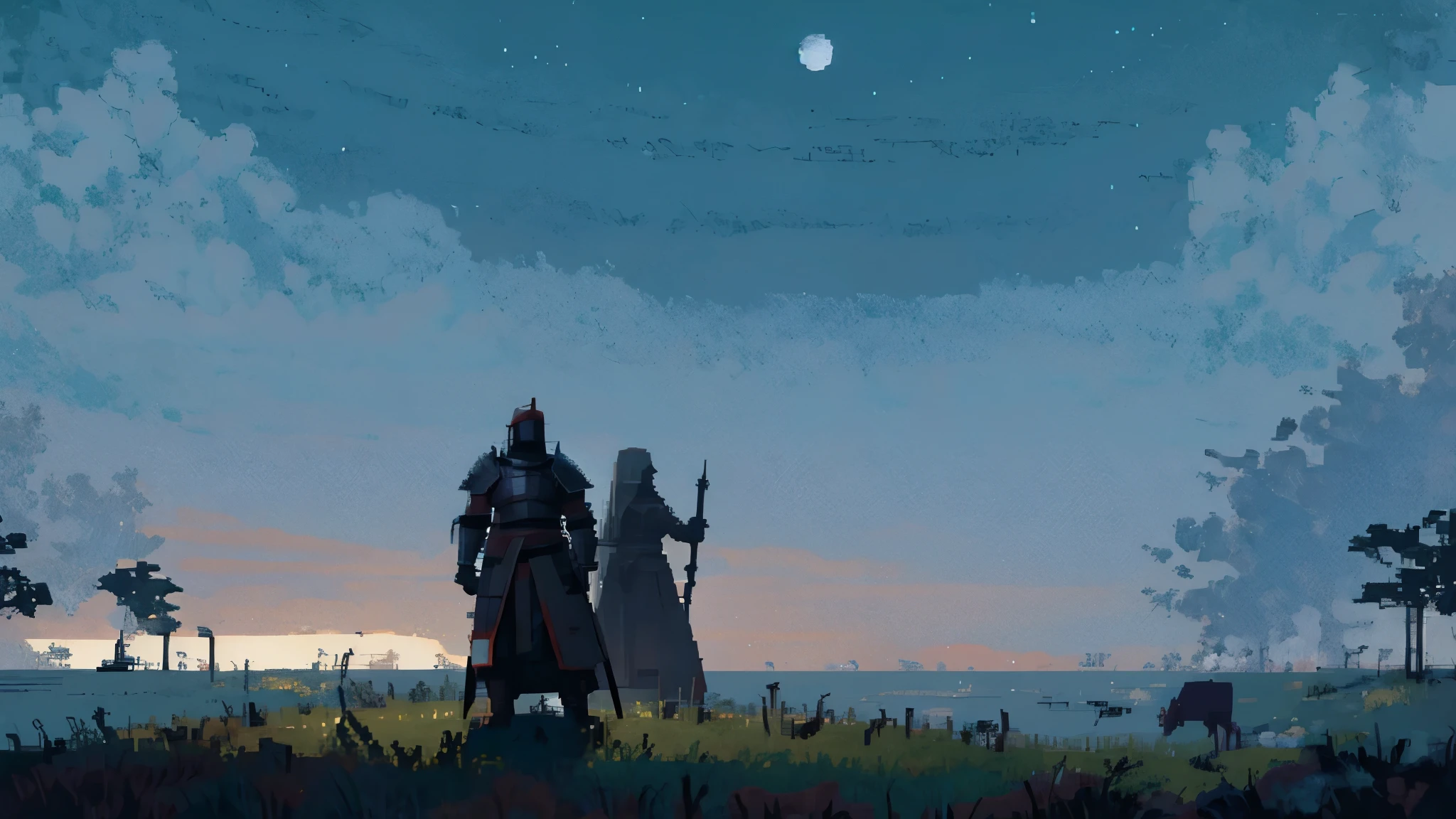 pixel art, medieval, dark and hazy sky, a warrior holding a blind sword, fully equipped with armor, fighting among surrounding monsters, the title at the top is called "20 minutes", dark background, high detail, no light, Pixel art of a woods landscape in the middle of the night, mistic, full moon, moonlight, (flat shading:1.2), (minimalist:1.4), monster surround the warrior
