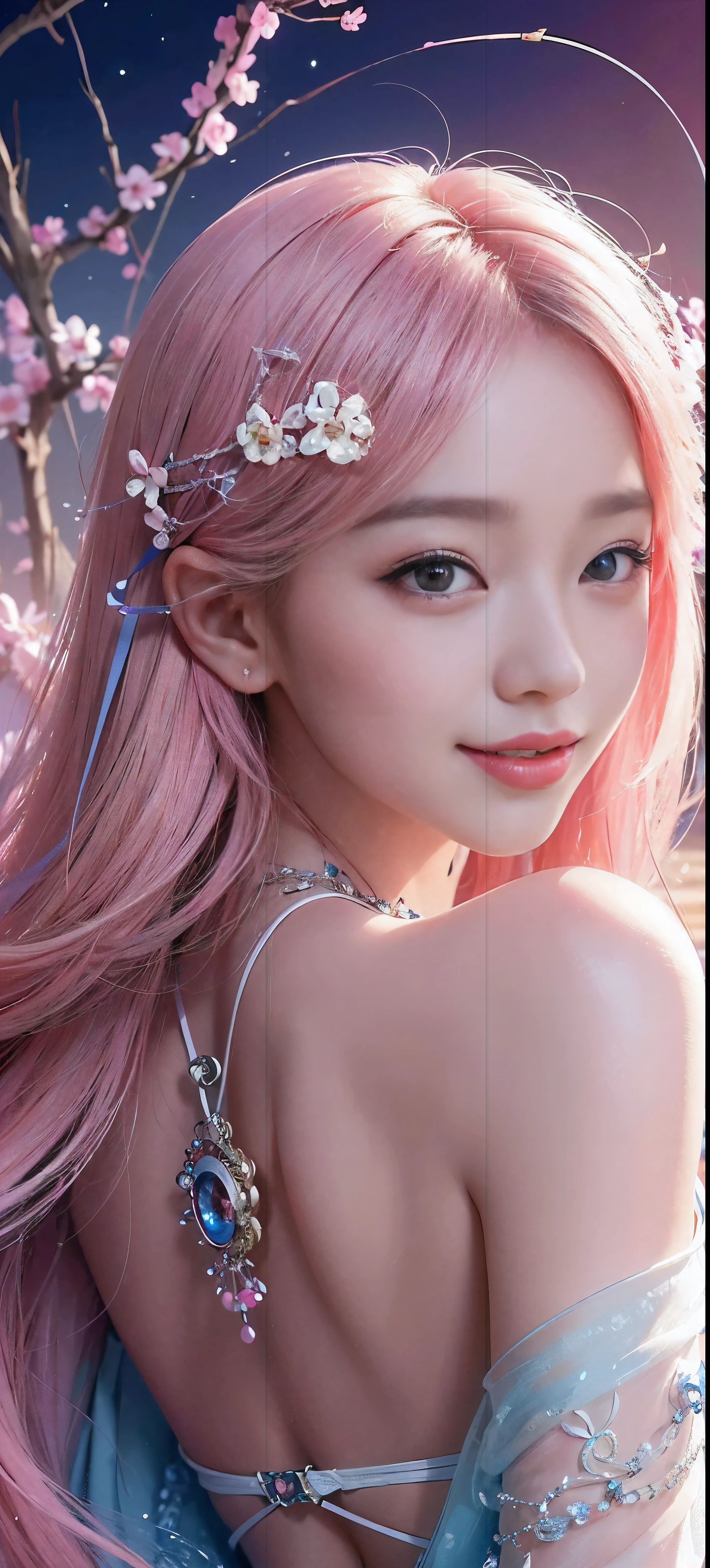 (masterpiece, top quality, best quality, official art, Beauty and Aesthetics: 1.2), (1 girl), Korean, (Smile), Very detailed, colorful, supreme detail, unified 8k wallpaper, super detailed, beautiful, light pink hair color, (tangled, flower, mandala, tangled, entangled), water art, surround, entangled, real, science fiction background