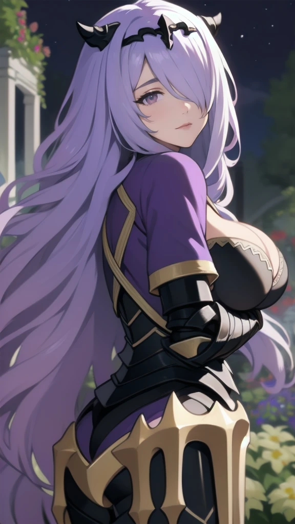 { - anatomy error}(Masterpiece - Ultra-detailed, very high resolution)masterpiece, best quality, defCamilla, tiara, armor, gloves, gauntlets, full armor, upper body, huge breasts extended arm, night, garden, smile, tired, looking at the viewer, lilac hair, backwards, looking back dinamic poses