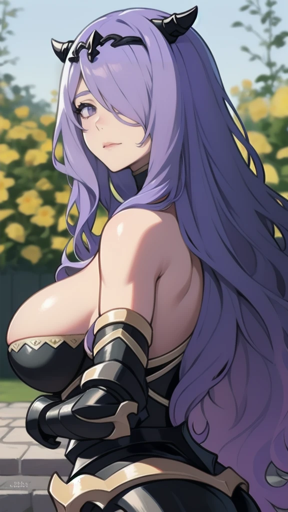 { - anatomy error}(Masterpiece - Ultra-detailed, very high resolution)masterpiece, best quality, defCamilla, tiara, armor, gloves, gauntlets, full armor, upper body, huge breasts extended arm, night, garden, smile, tired, looking at the viewer, lilac hair, backwards, looking back dinamic poses
