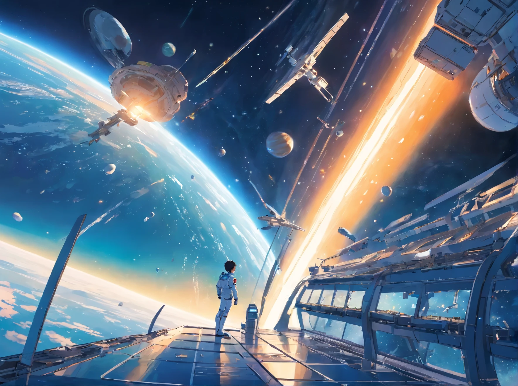A futuristic space station floating in orbit, with many satellites and space ships flying around station, one boy in space suit floating , boy gazing at station, central part of the image having earth standing alone
