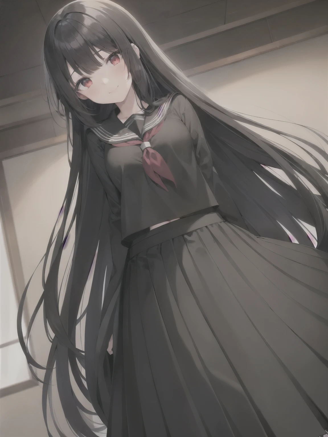 girl, black serafuku, very long hair, black hair, red eyes, light smile, indoor, very long skirt, pleated skirt, head tilt, happy, dutch angle, black skirt, hand on chest 