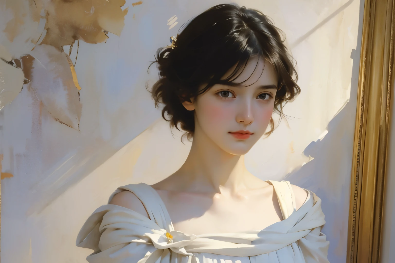 (masterpiece), (highest quality), Oil, classical painting, 1 girl, portrait, bare shoulders, dress, earth color, flowers、(Sargent Oil painting)、(highest quality、masterpiece)、 realistic， photorealist， one girl，  alone，beautiful face、lifelike face、black haired、short hair、beautiful hairstyle、 real looking skin、beautiful skin、Charm、Cute blouse、 Upper body，be familiar with，dark background，Backlight、(soft light)、(Soft shading)、(Sargent style watercolor)、(edmund leighton style)、((white background))、((blank background))、