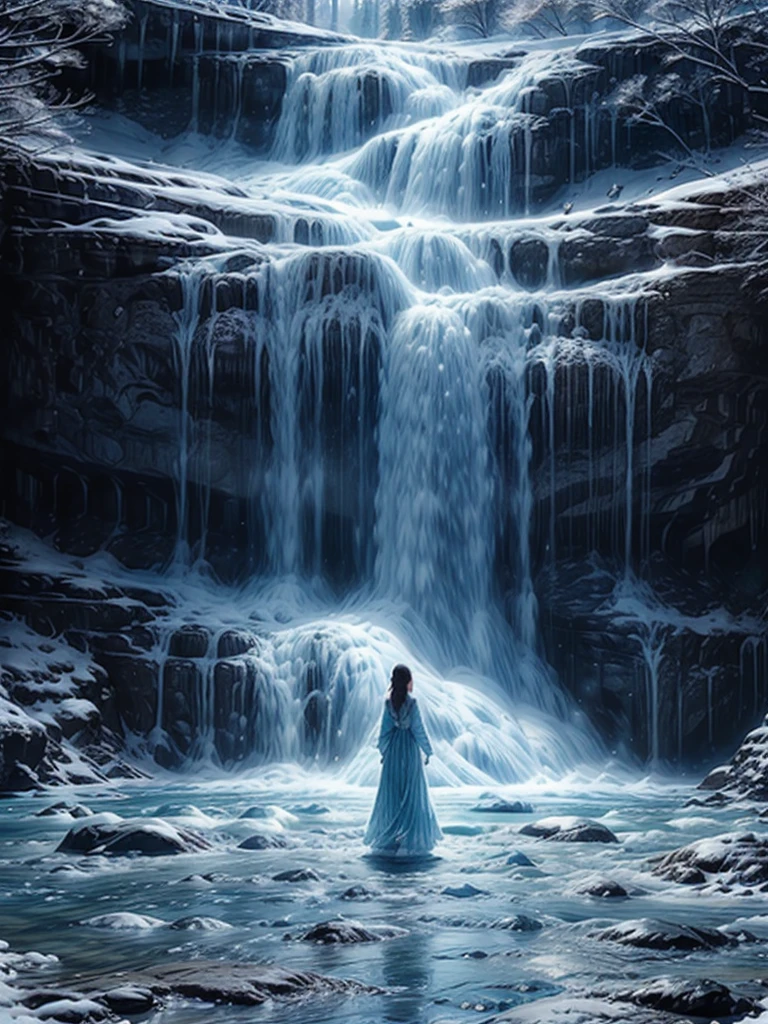 An enchanting photograph of a "Waterfall Shower Girl Cave" in the early morning mist. The cave is carved into a rocky cliff, and the waterfall gracefully descends, creating a curtain of crystal-clear water. The girl within the cave stands under the shower, her silhouette visible through the water's flow, surrounded by the ethereal glow of dawn.