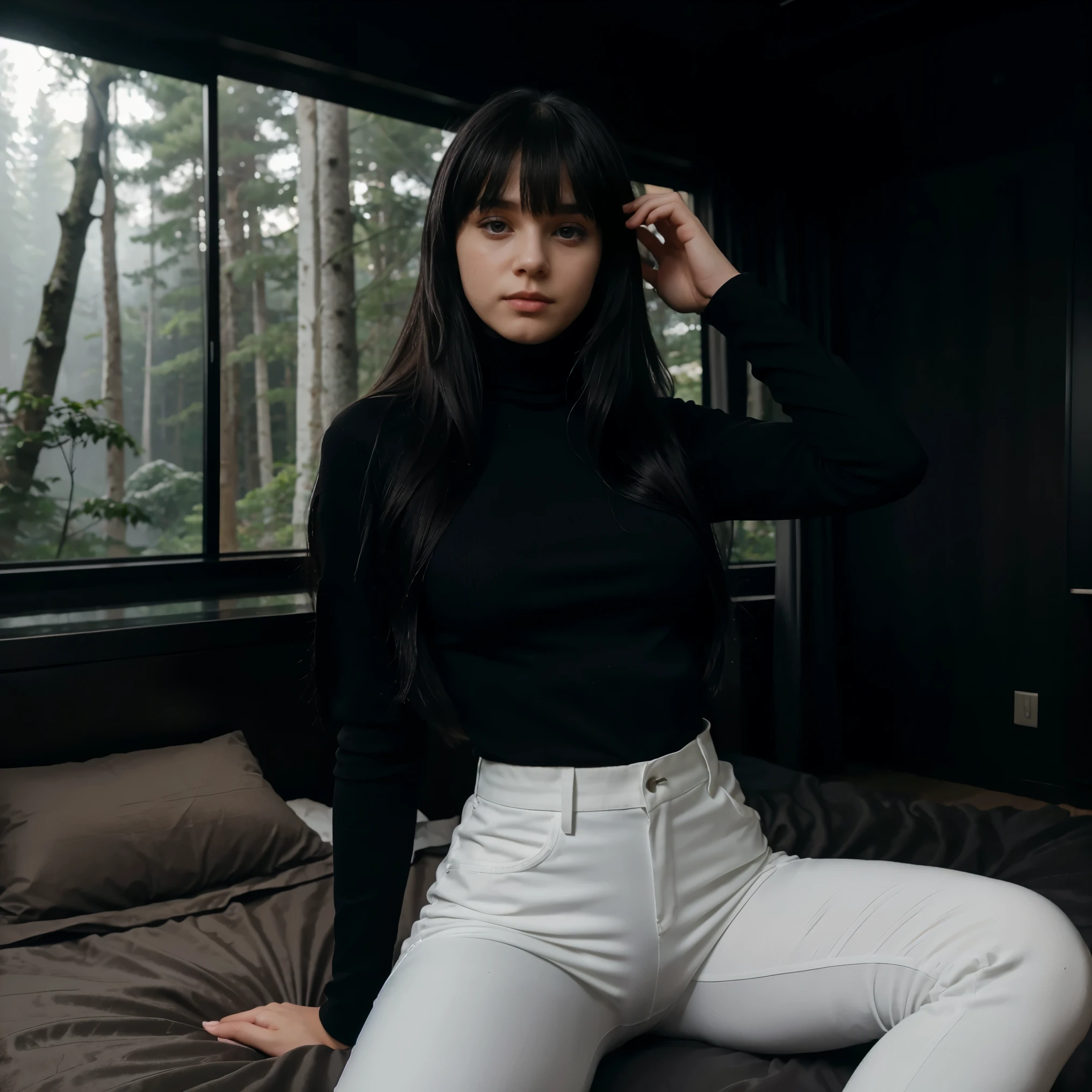 russian girl with black long hair with bangs wearing a white turtleneck and black pants inside a blacked out modern bedroom inside a modern Mansion hidden among the trees in a mountain forest with waterfall on a foggy day