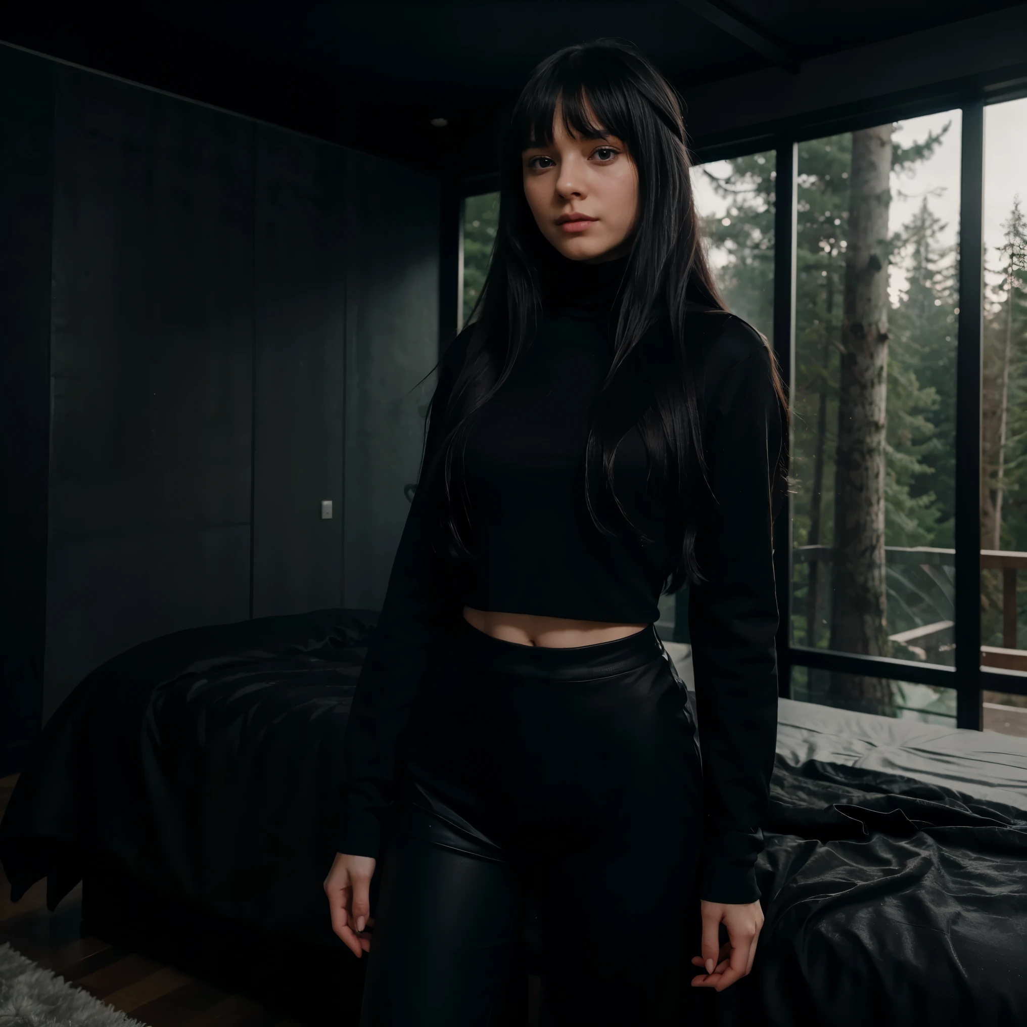 russian girl with black long hair with bangs wearing a black turtleneck and black pants inside a blacked out modern bedroom inside a modern Mansion hidden among the trees in a mountain forest with waterfall on a foggy day