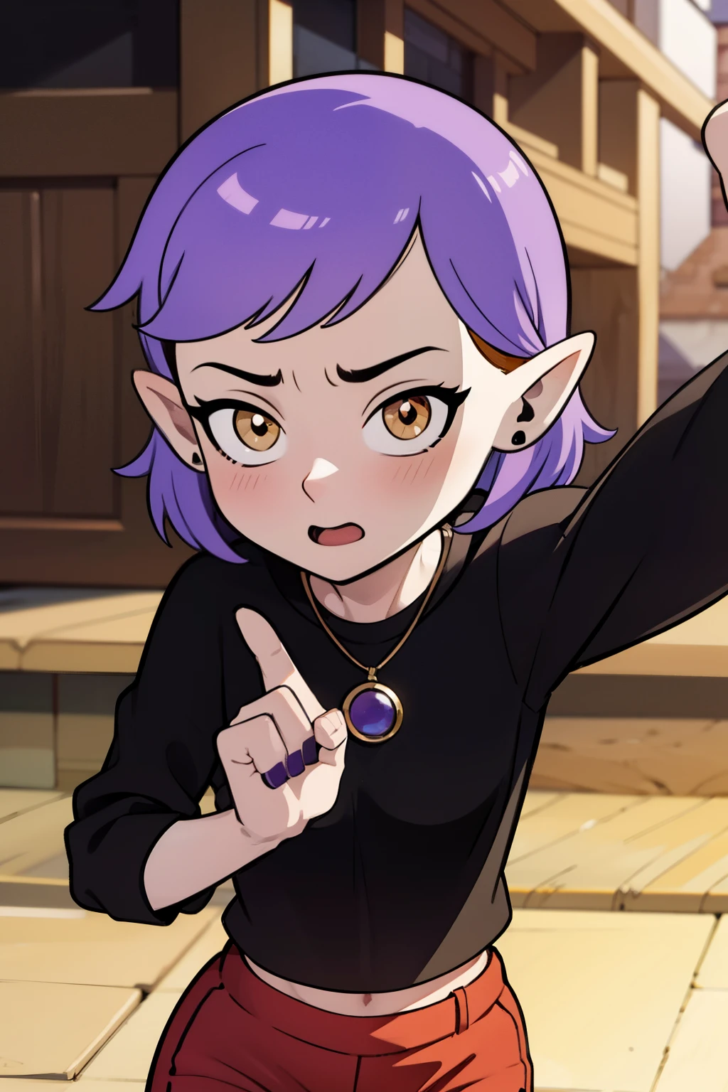 (masterpice, best quality), AmityBlight, makeup, black earrings, yellow eyes, short hair, (purple hair:1.4), pointed ears, black shirt, amulet, (red pants:1.5), standing, dynamic pose