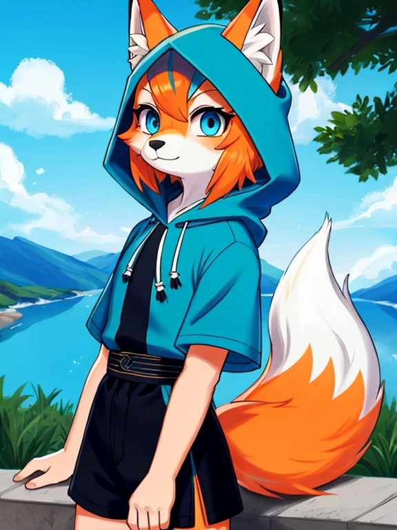 1. A girl wearing a blue hooded short sleeve shirt, orange and white fox fur tail, black, and blue eyes in an outdoor setting, with a green hair and zorro, peludo, zorro, pelague naranja y blanco, human, blue eyes, green hair, orange and white fox fur tail, blue hooded short sleeve shirt, black shorts, exterior.pechos grandotes,vestido largo,