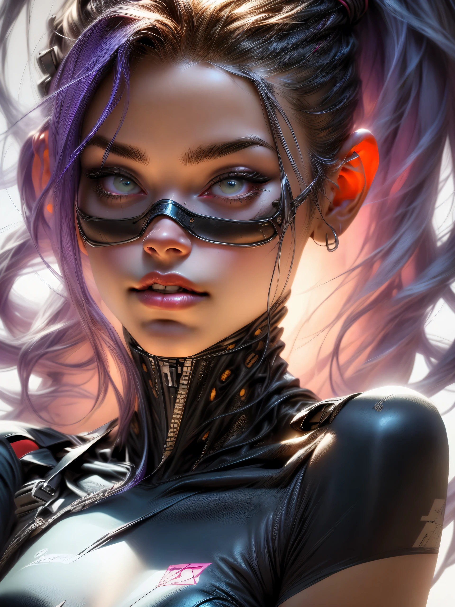 un primer plano de una mujer joven sensual, sonrrisa sensual,con un helado en una mano acercandolo a su boca, con un tatuaje en el brazo y megilla peinado cyberpunk con un mechon de pelo de color rosado, chica hermosa ciberpunk, beautiful cyberpunk girl face, cyberpunk dreamy girl, arte cyberpunk ultrarrealista 8k, cyberpunk 2 0 years. o model girl, hermosa modelo de mujer cyberpunk, El retrato de la chica cyberpunk, Arte digital 32k muy detallado, hermosa obra de arte digital, Cyborg Cyberpunk. rosas, arte digital realista 8k, iluminacion suave de neon en el rostro y cuerpo