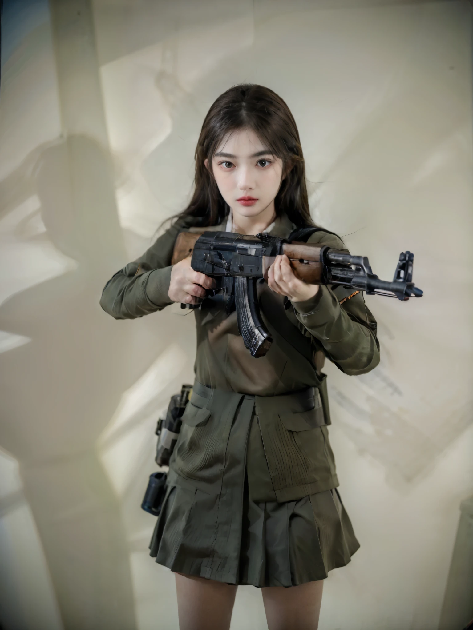 masterpiece, best quality, high resolution, extremely detailed CG,  1girl, school uniform, holding gun, ak-47, akm, assault rifle, kalashnikov rifle, (aiming:1.2), finger on trigger,